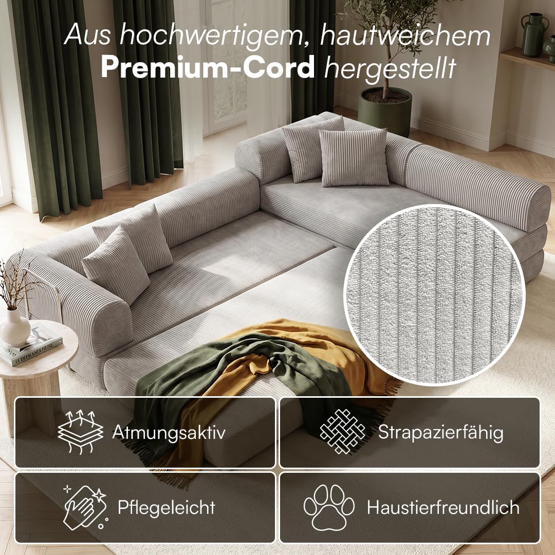 skølm Lofn Ecksofa 4 Sitzer – Wohnlandschaft L-Form Cord – Klappsofa 300cm breit Hellgrau – ausklappbar zum Schlafsofa/Bodensofa – Vollschaumcouch Boneless mit 4 Kissen & Stahlgestell vakuumverpackt