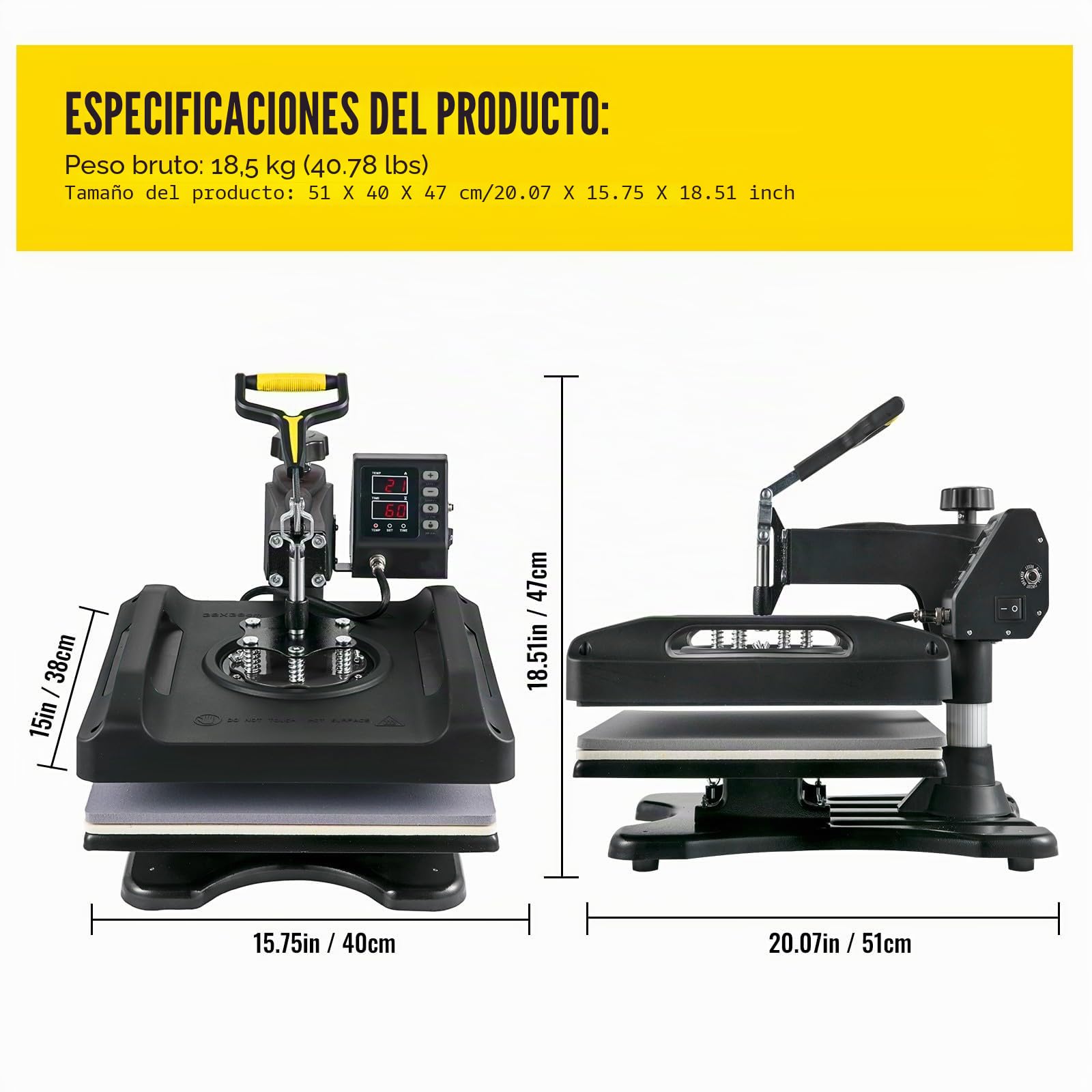 VEVOR Prensa de Calor 8 en 1 Placa 38 x 38 cm Máquina de Prensa de Calor Negra 1000 W Giratoria de 360 Grados Pantalla Digital Prensa de Transferencia para Camiseta Taza Sombrero Tapa