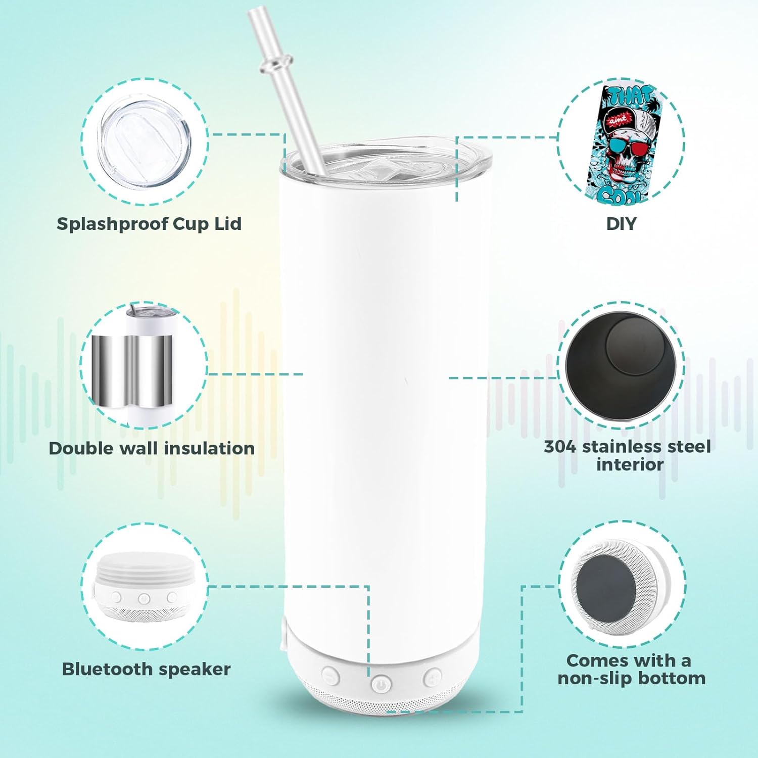 6pack 20oz cups Bluetooth Tumbler with Straw and Lid, Double-Wall Stainless Steel Vacuum Insulation Sublimation Tumbler Blank, RemovableRechargeable Bluetooth Wireless Speaker (white)