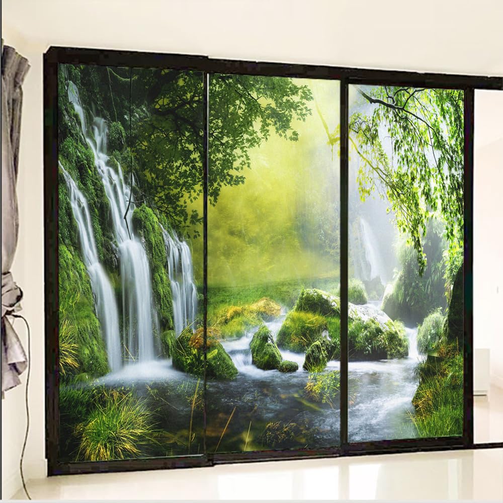 Sichtschutz-Fensterfolie, Wasserfall-Szene, dekorative Glasfolie, mattiert, kleberfrei, statisch haftend, Glasfensteraufkleber für Zuhause, Büro, B 31,4 x H 78,74 cm (80 x 200 cm)