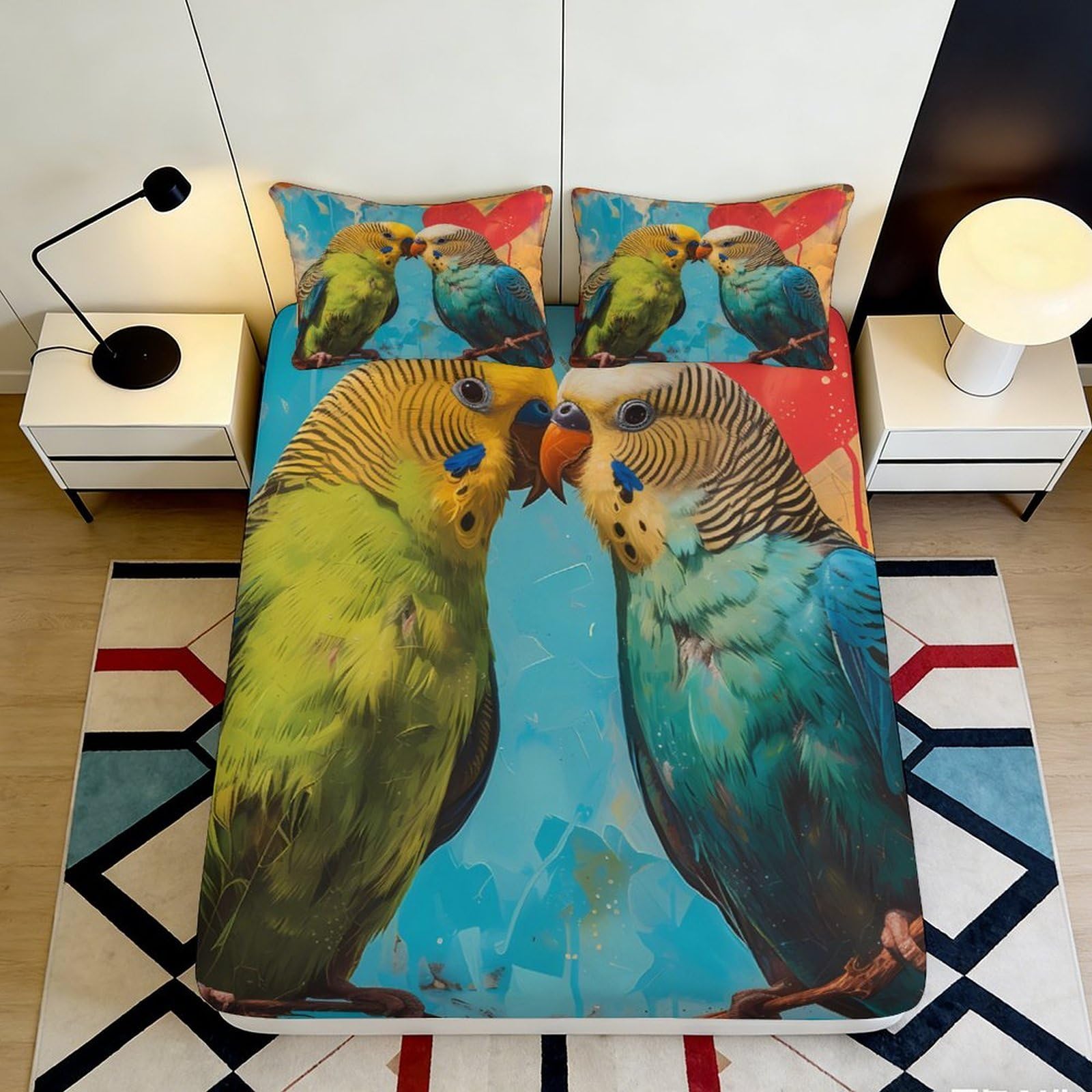 3D Printed Parrot Pattern Fitted Sheet Microfiber Soft Breathable Colorful Birds Mattress Cover for Bedroom Dormitory Guest Room Mattress Protection Decor 140x200x25cm