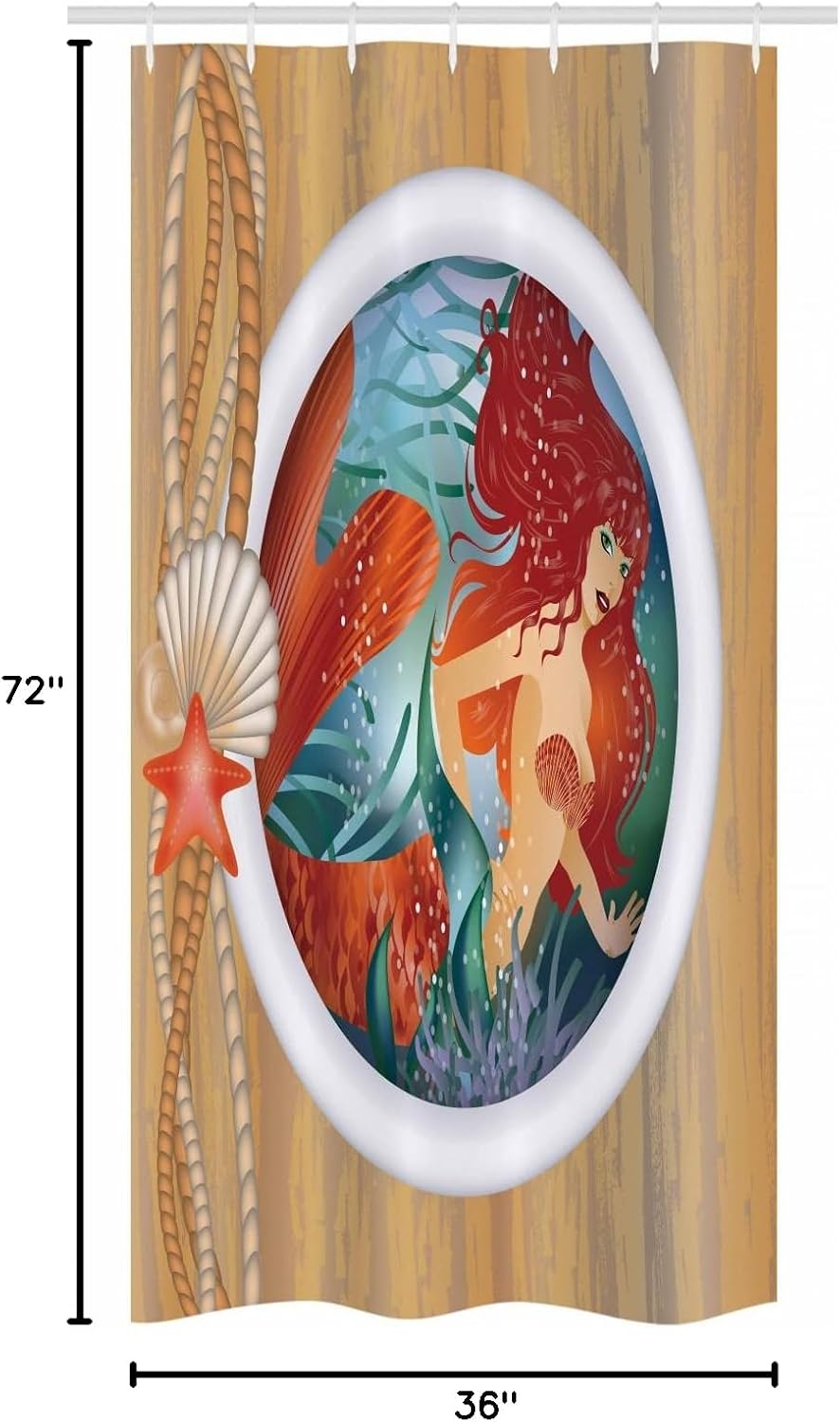 Ambesonne Underwater Stall Shower Curtain, Mermaid in Porthole Window Aquatic Cockleshell Yacht Nautical Design Print, Fabric Bathroom Decor Set with Hooks, 36" W x 72" L, Multicolor