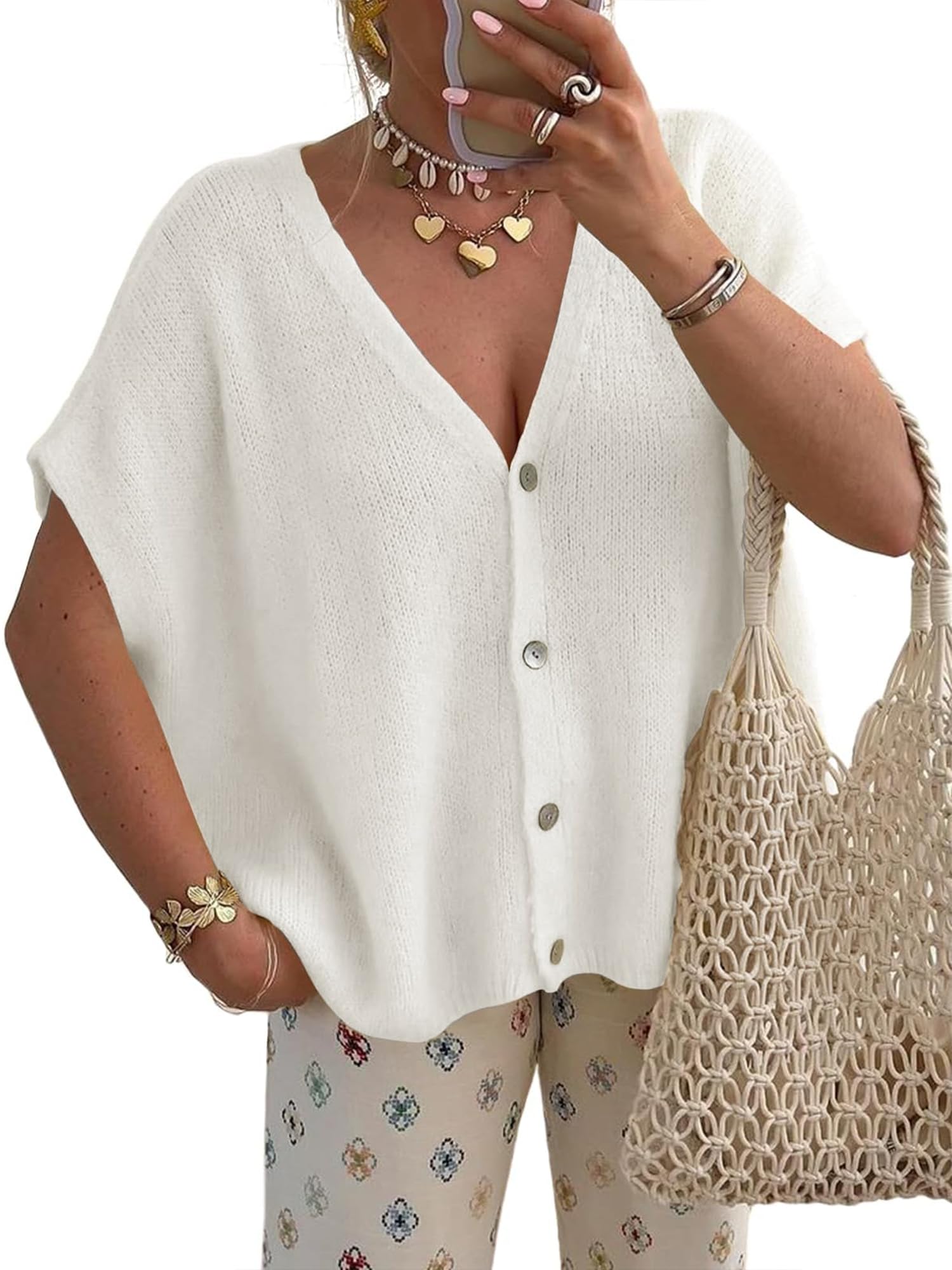 Womens V Neck Short Sleeve Cardigan Sweater Tops Button Loose Sweater Vest Vacation Outfits