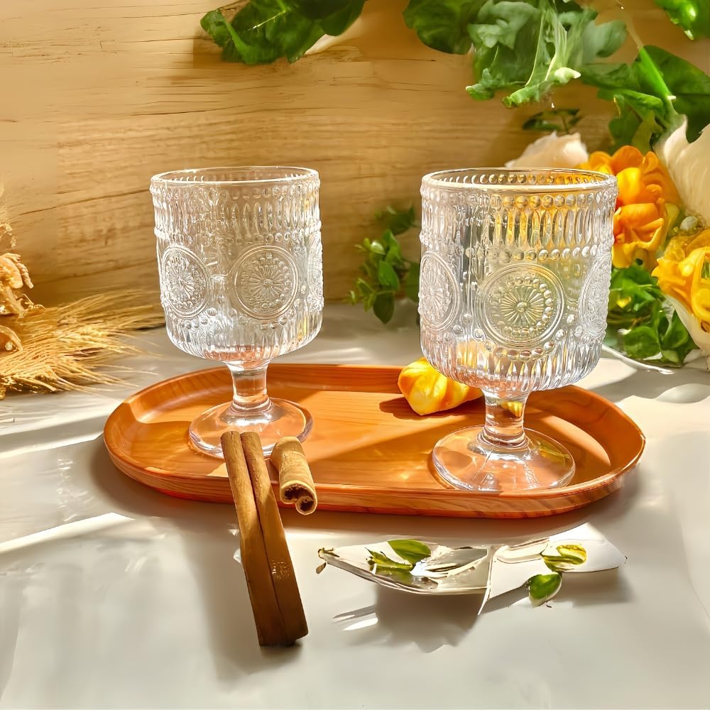 Vintage Goblet Glasses of 4, 8 OZ Embossed Floral Wine Glass Cups Set, Romantic Cocktail Wine Glasses, Mixed Drink Glasses, Glass Globlets for Coffee Soda Juice Beer
