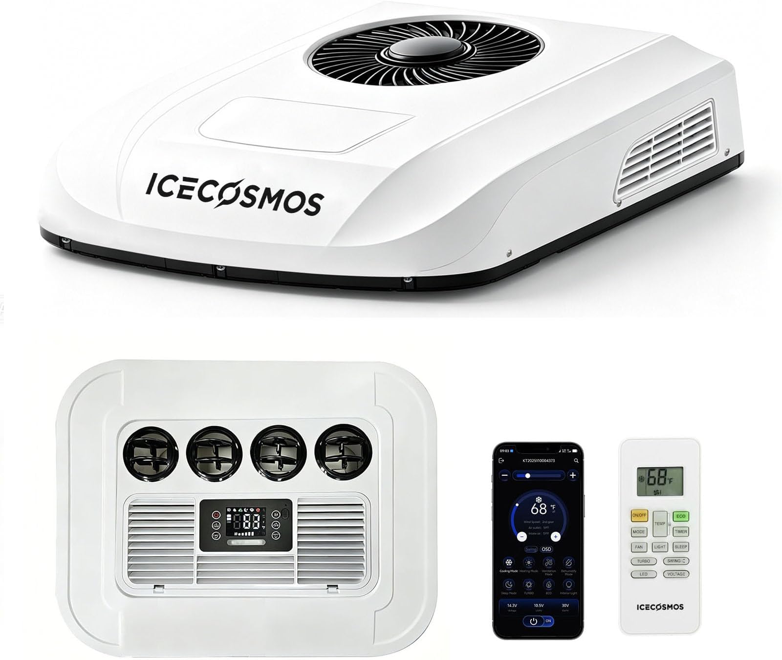 - Low Profile 12V DC Powered Rooftop RV AC Unit Cooling Only | 230 inches 6AWG 100% Copper Power Cord with Dehumidify & Ventilation Function & APP Control RV Air Conditioner