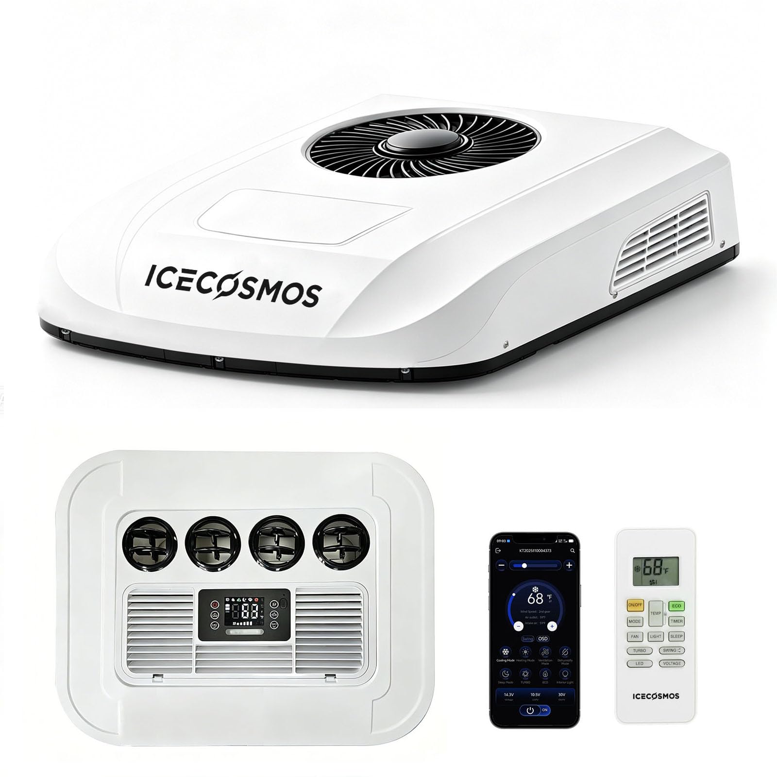 ICECOSMOS Ultra-Slim Low-Profile 12V RV Air Conditioner with PTC Heating