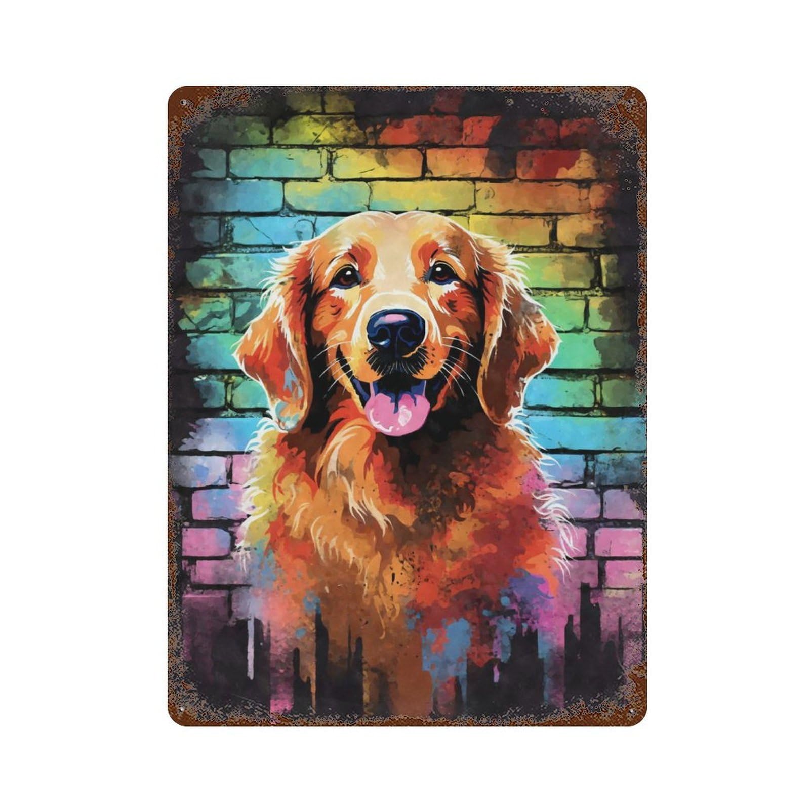 Vintage Rust Metal Sign with Golden Retriever Graffiti Design 15.7"x11.8", for Shed, Workshop And Garage Wall Decor, Classic Wall Plaque
