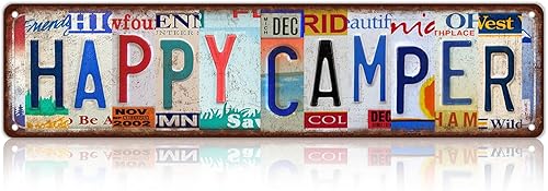Vintage Happy Camper Decoración de pared Señales de calle Accesorios de camping Carteles de metal de la lata 16 x 4 pulgadas