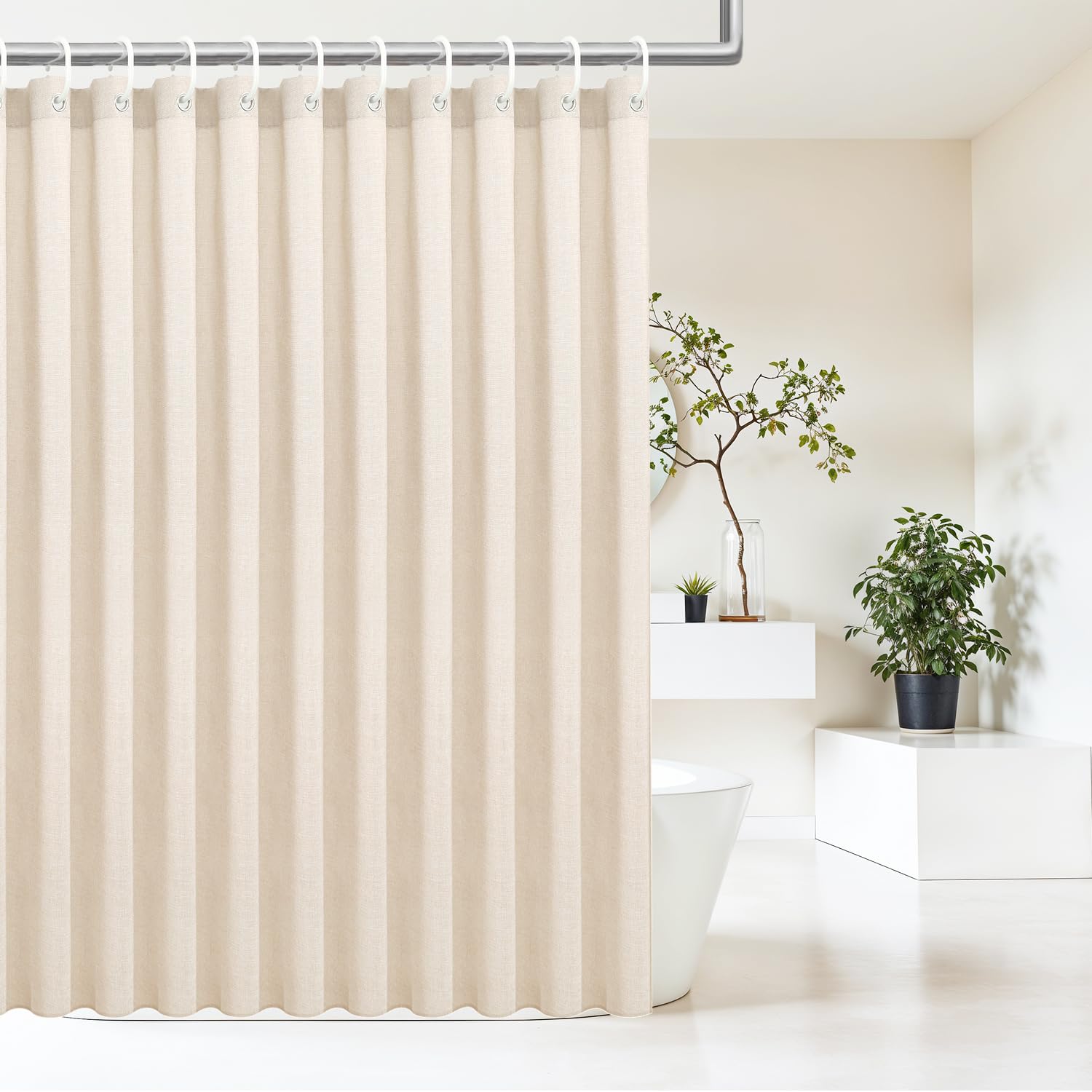 Eazzier Bath Extra Long Natural Linen Textured Shower Curtain Set with Hooks, Beige Boho Farmhouse Bath Shower Curtains for Bathroom Neutral Cloth,