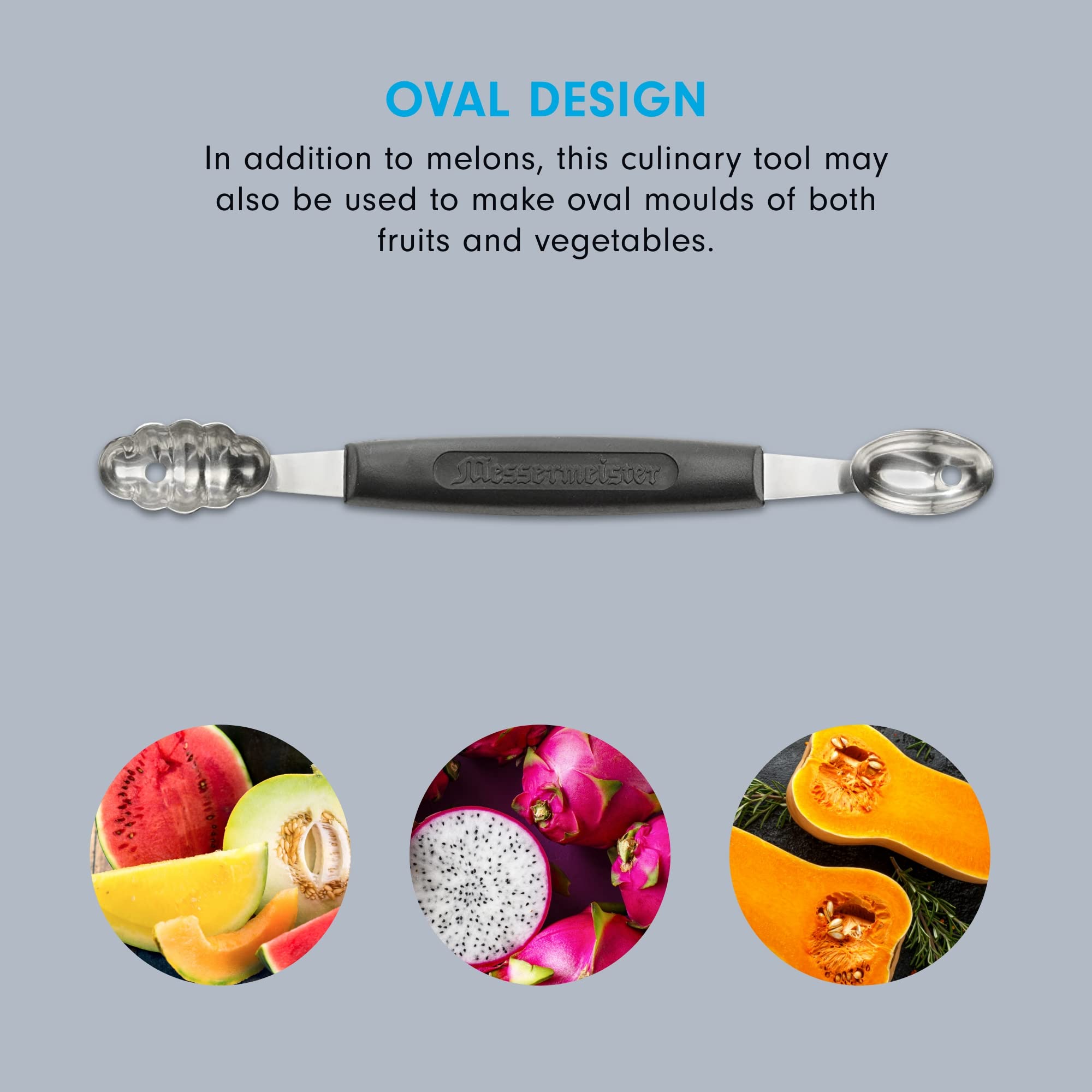 Messermeister Double-Ended Scalloped & Oval Melon Baller - Creates 2 Different Shapes - AISI420 Stainless Steel & Soft-Grip Handle - Image 3