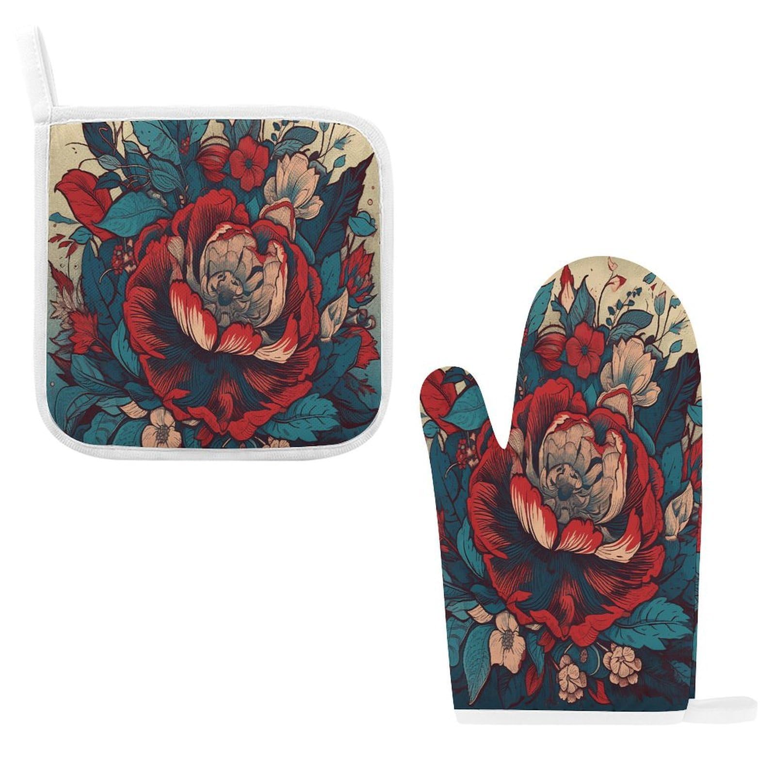 Fodpand Style Flowers With Leaves Oven Mitts And Pot Holders Sets