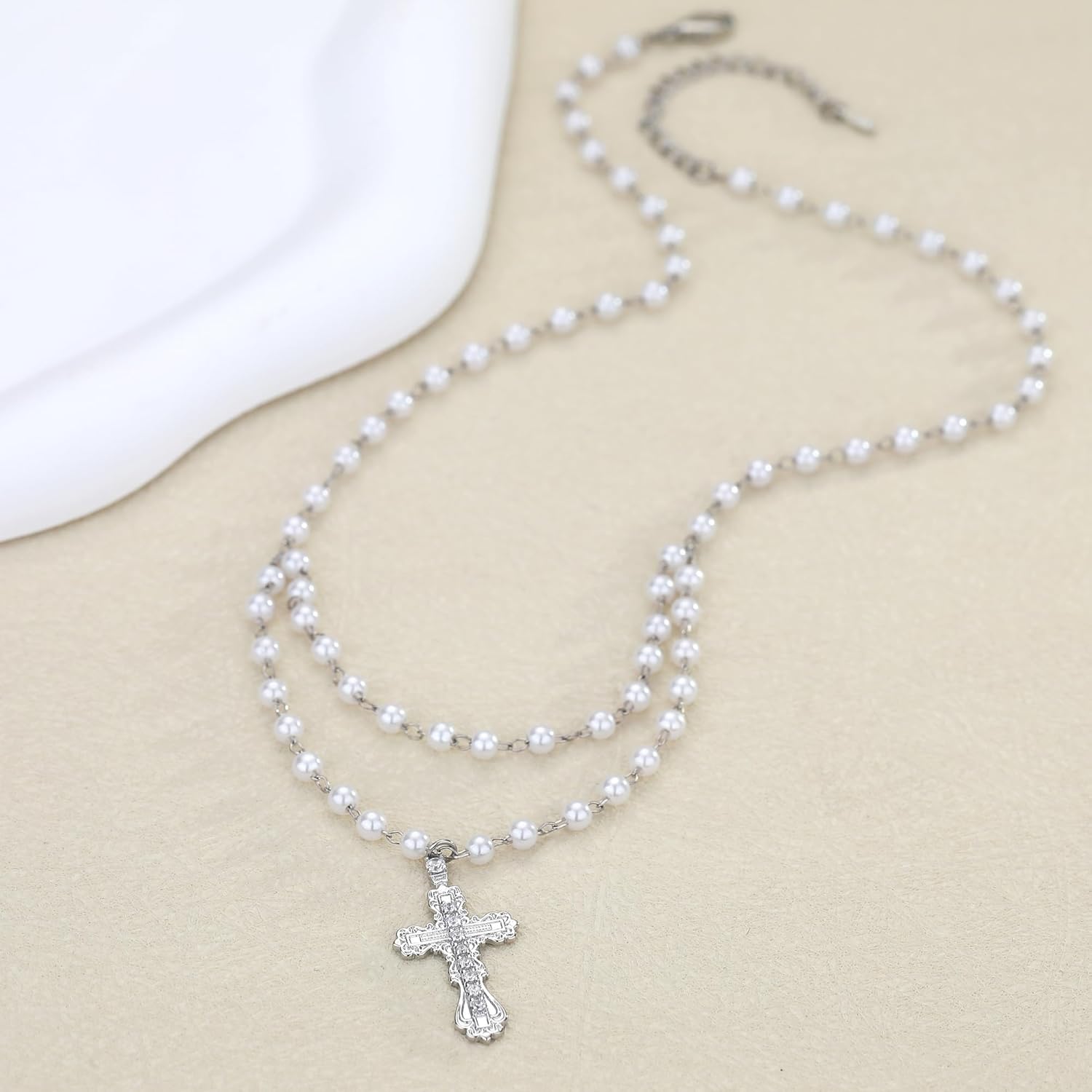 Catholic Cross Rosary Pearl Layered Beaded Necklace for Women, Gold Virgin Mary Gothic Diamond Crucifix Cross Rosarios Catolicos Jesus Religious Y-shaped Necklaces Praying Jewelry Gifts - Image 7