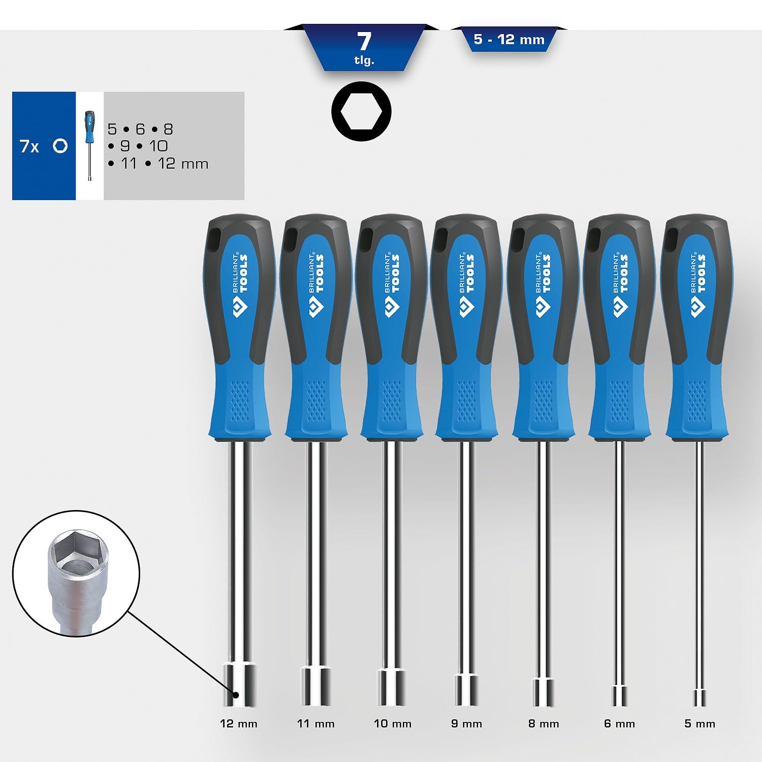 BRILLIANT TOOLS BT031070 Juego de destornilladores de llave de vaso, 7 pzs, 5 - 12 mm [Powered by KS TOOLS]