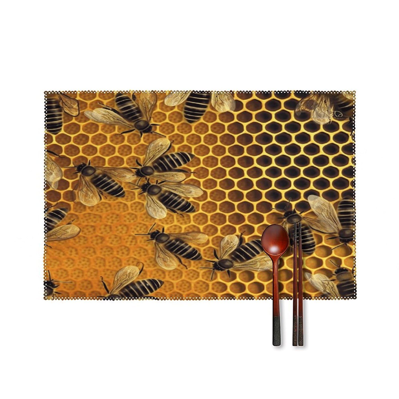 Bees on Hive Placemats Set of 4 Non-Slip Heat Resistant Table Mats Canvas Washable Cloth Place Mats Easy to Clean Premium Placemat for Kitchen Dining Table Decoration