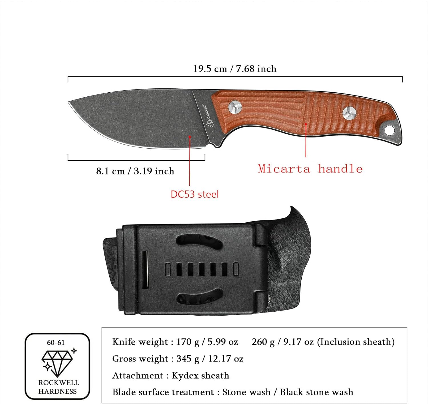 Fixed Blade Tactical Knife DC53 Steel Micarta Handle Kydex Sheath for Camping Hunting EDC (Black+Brown) - Image 2
