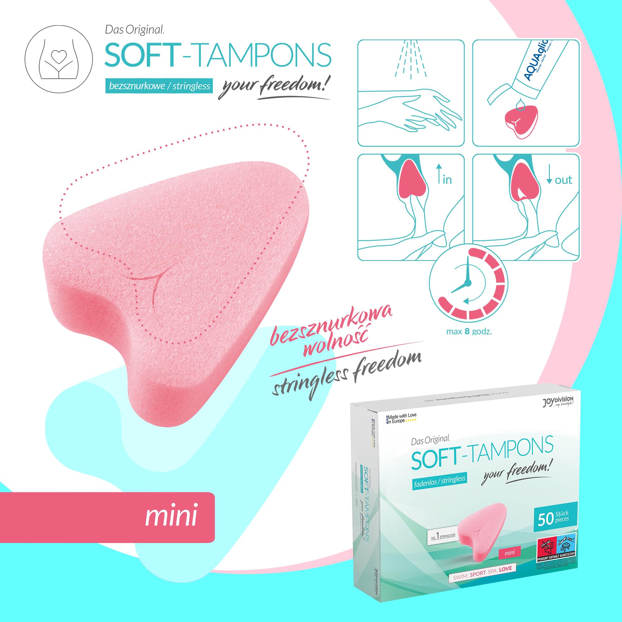 JOYDIVISION Soft-Tampons mini I 50 sztuk I Tampony bez sznurka do sportu, pływania i Spa I Gąbeczka menstruacyjna ultra soft I Łatwe wprowadzanie i usuwanie I Miękki tampon bez sznurka