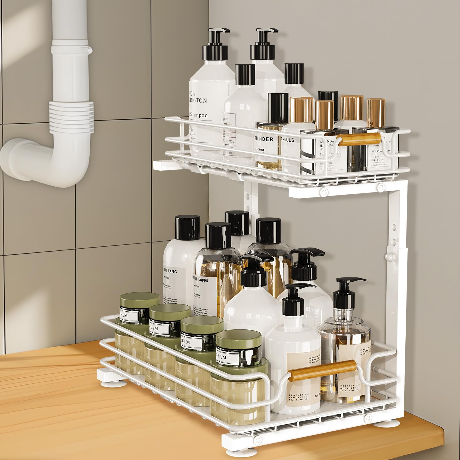 JYPS Under Sink Organizer, 2 Tier Pull out Under Kitchen Bathroom Sink Organizer and Storage, Metal Sliding Drawer for Cabinet Pantry Undersink Organizers Shelf (White, 1 Pack)