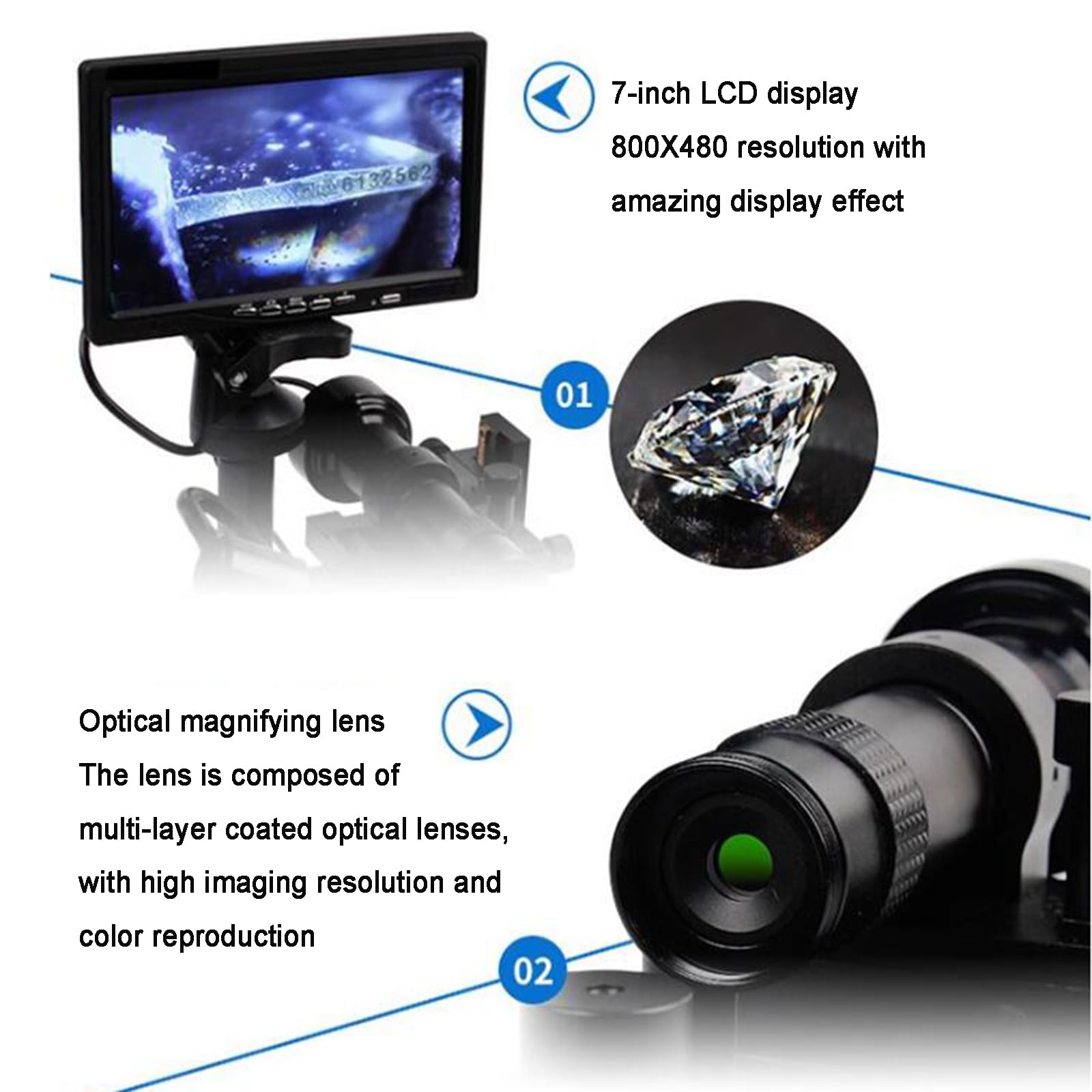 Visualizzatore a cintura diamantata, microscopio digitale da 17,8 cm con luce LED, ingrandimento 100x per un'accurata identificazione di diamanti e gioielli