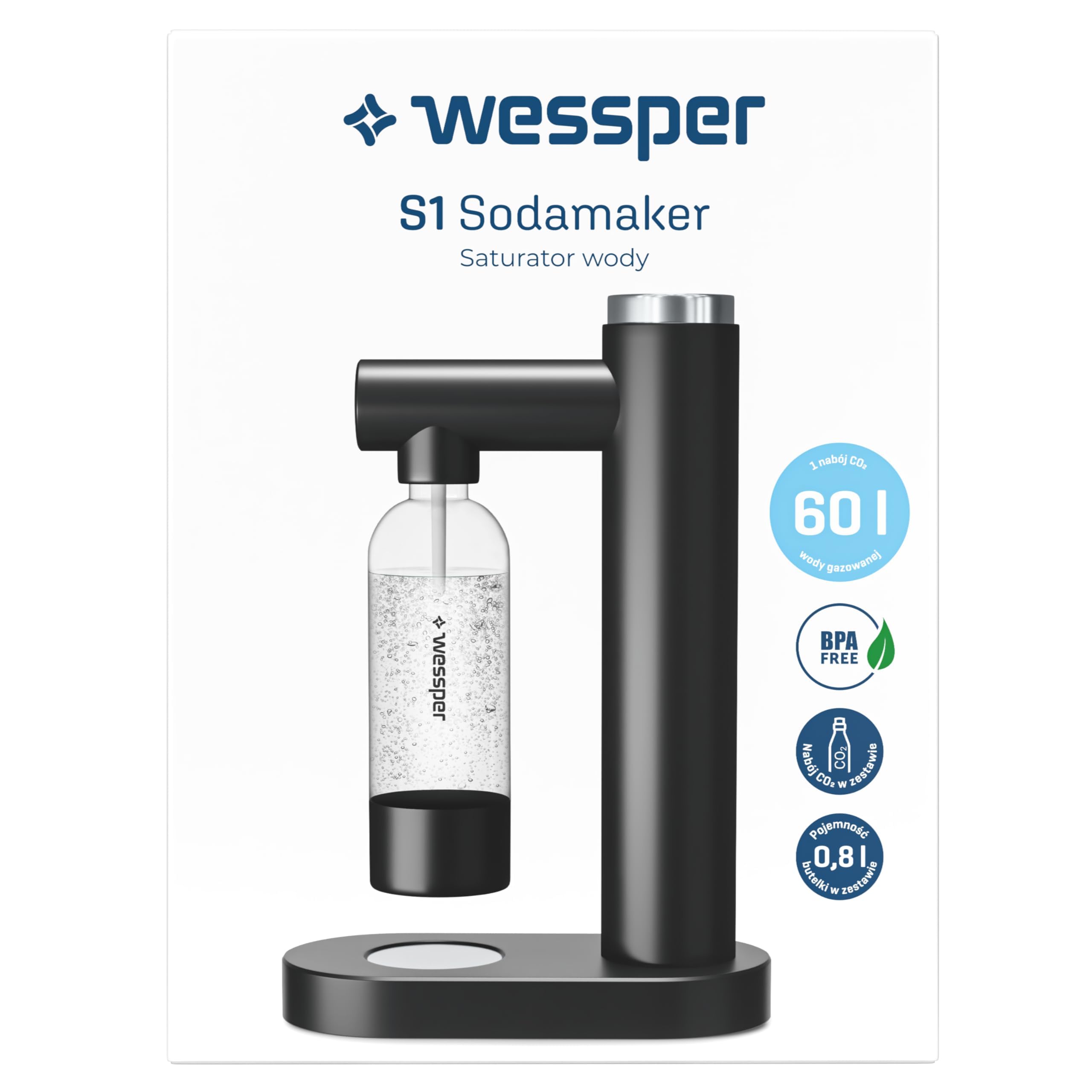 Wessper Machine à Eau Pétillante, Machine a Eau Gazeuse Machine a Soda Bouteille Gazeification | S1 Sodmarker avec 1L Bouteille PET, Sans BPA et 1 Cylindre de CO2 60L