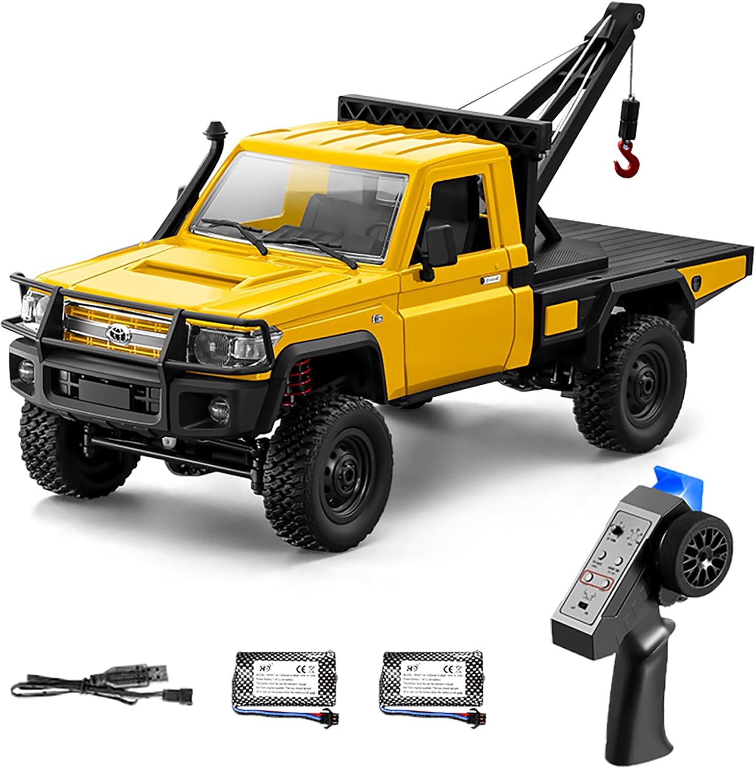 MN-82T RC Rock Crawler, 1:12 Scale 4WD Upgraded RC Truck with Crane Hook, 2.4Ghz Off Road Toy Pickup Truck with Lights, All Terrain Wrecker Vehicle for Teen Adults (Yellow)