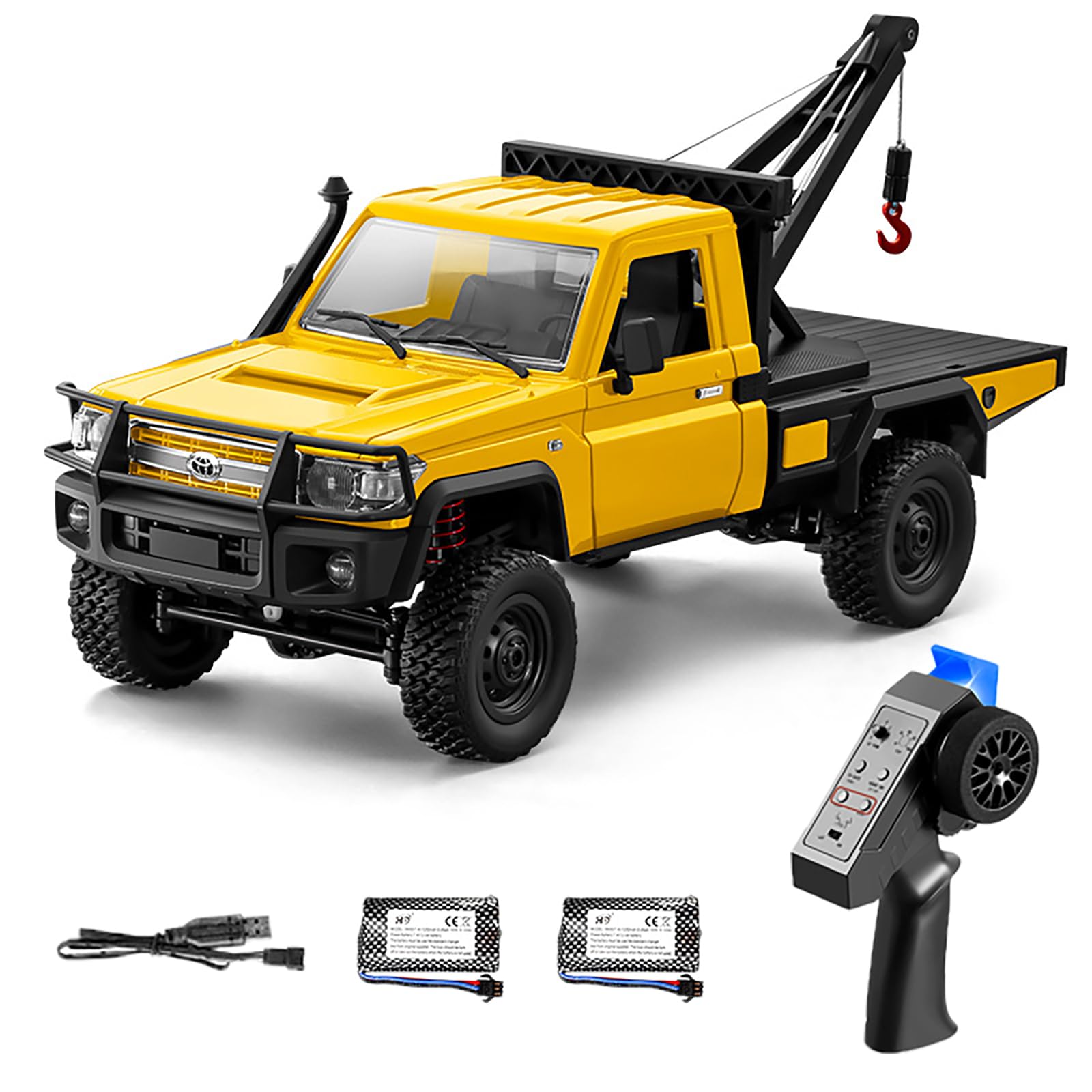 Kodbiby Remote Control Truck Crane, 1:12 Scale All Terrain Wrecker Vehicle, 2.4Ghz Off-Road Toy Pickup Truck with Lights, 4WD Remote Control Crawler for Teens Adults (Yellow)