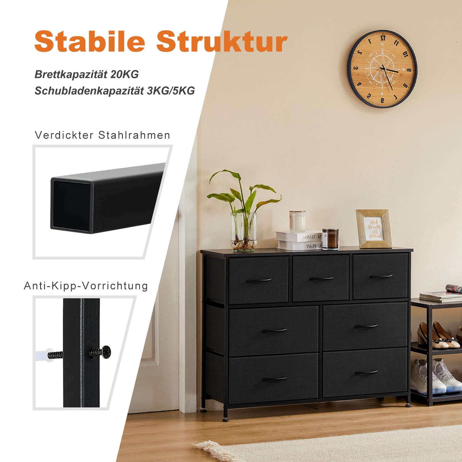 DUMOS Kommode für Schlafzimmer mit Stoffschubladen hohe Organizer für Kleidung Schrank Kinderzimmer