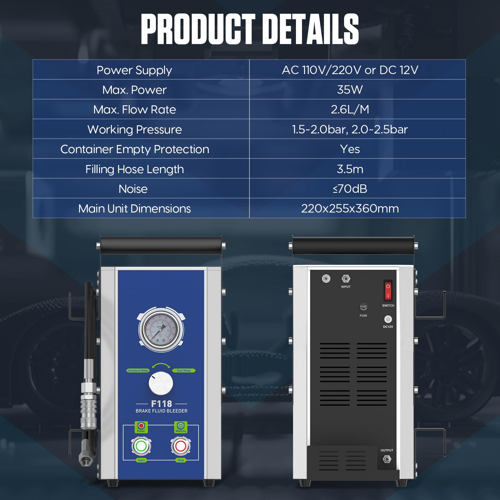 PLAYOCCAR Purgador Frenos Eléctrico con 7 Adaptadores -110V/220V, Kit Purga Líquido Frenos y Monitor Manómetro, 2 Modos Compatible con Benz/BMW etc, Cambiador Líquido Frenos Eléctrico 0~3 Bar