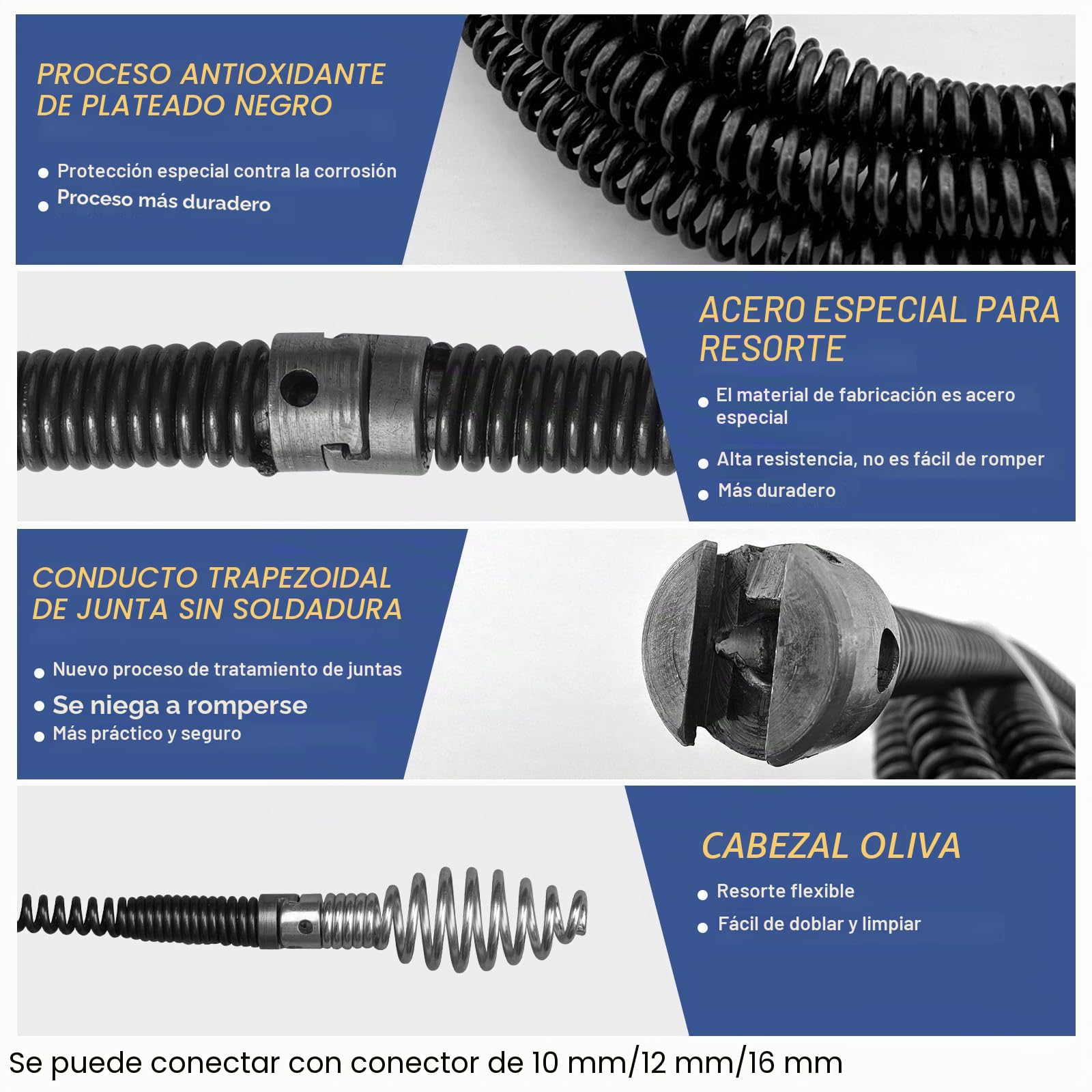 2 Piezas Desatascador Fregadero 5 Metros Diámetro 12 mm, Sirga Desatascar Tuberias Muelle Desatascador con 8 Piezas Limpiador de Drena,Desastacador Desagues Fregadero, Alambre Desatascador Tuberias