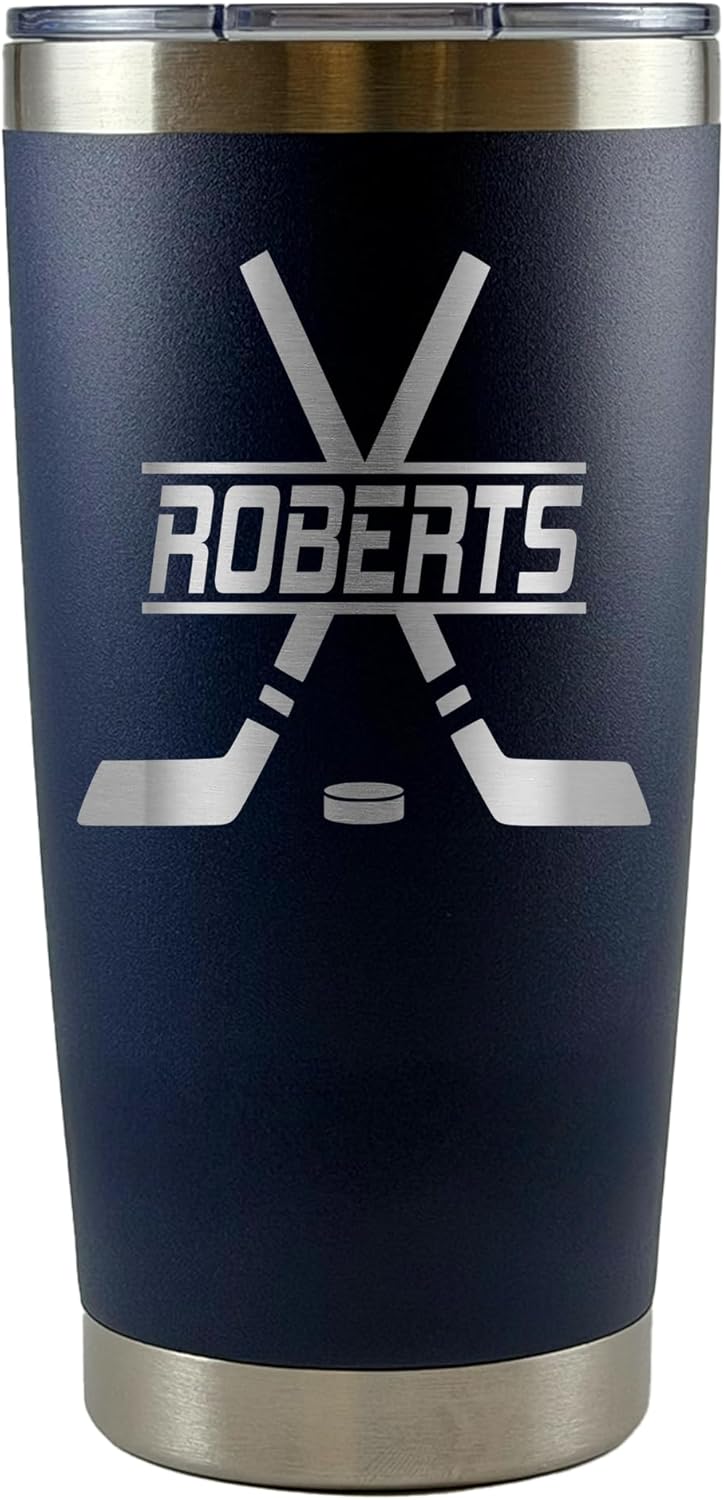 Personalized Hockey Tumbler Custom Engraved 20oz or 30oz Stainless Steel Cup with Monogram for Players, Coaches and Sports Fans