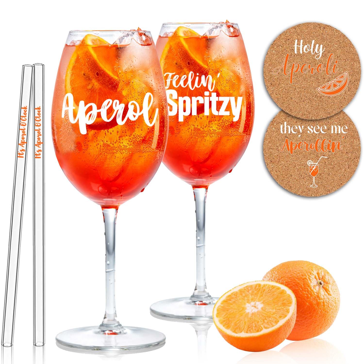 Confezione da 2 bicchieri Aperol Spritz YYSWSAKY - Cannucce in vetro - Sottobicchiere - Bicchieri da cocktail - Ottimo regalo