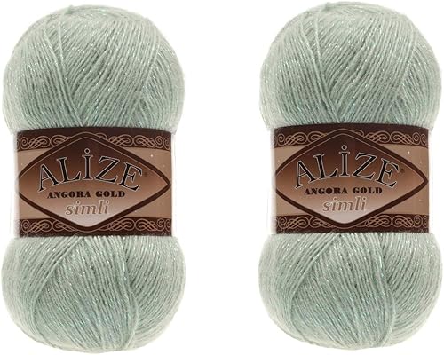 Miniatura 1 de Alize Angora Gold Simli 5% Metálico 20% Lana 75% Acrílico Lote de 2 SKN 7.05 oz 1100 ydsHilo Crochet Encaje Tejido a mano Hilo Turco (515 Verde