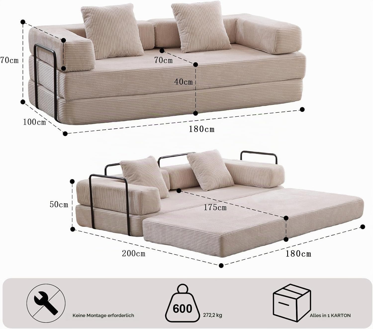 Faltbares Schlafsofa 180cm Breite XXL Bett, Modulares Bodensofa, Cord Wolkensofa mit Metallrahmen, 3 Sitzer Gästebett Klappbar, rutschfest, Waschbar,Off white-180cm-3 Seats