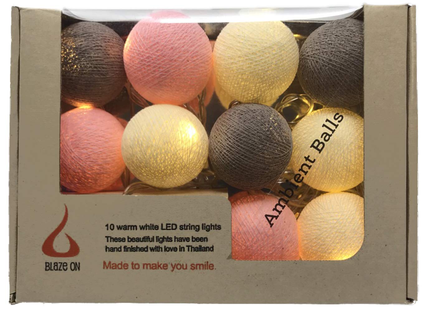 Blaze On Ambient Ball Fairy Lights (Metro Neapolitan) – 10 Warm White LED Lights – Hand-Spun Cotton Balls – 3-Pin UK Mains Plug – Indoor Decorative String Lights