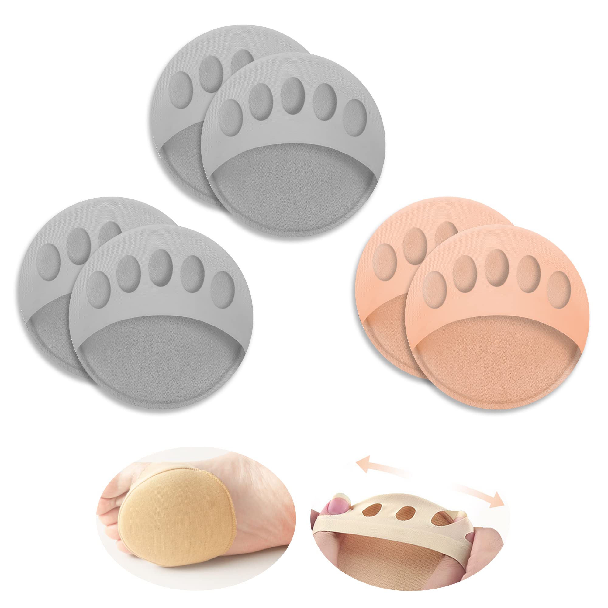Metatarsa Foot Pads Reusable Soft Ball of Foot Cushions Forefoot Pads for Women Prevention Pain Relief Honeycomb Fabric Foot Pads (2 Pairs Gray /1 Pair Beige)