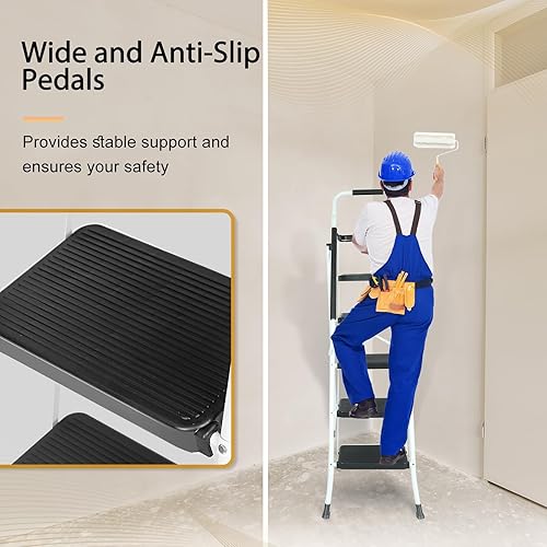 Miniatura 5 de Escalera de 5 escalones con pasamanos, taburete plegable con plataforma de bandeja de herramientas, 330 libras de mano de obra portátil para adultos