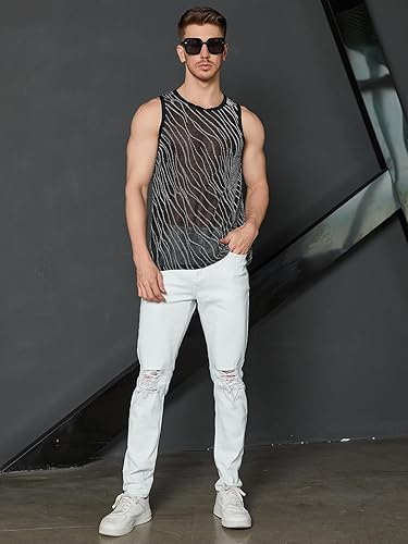 Miniatura 5 de WDIRARA Camiseta sin mangas con cuello redondo y lentejuelas para hombre