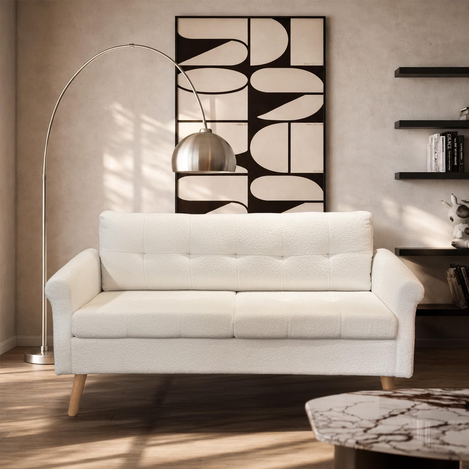 Loveseat, Boucle Small Sofa for Living Room, Bedroom, Office, Button Tufted Upholstered Furniture, Easy to Install