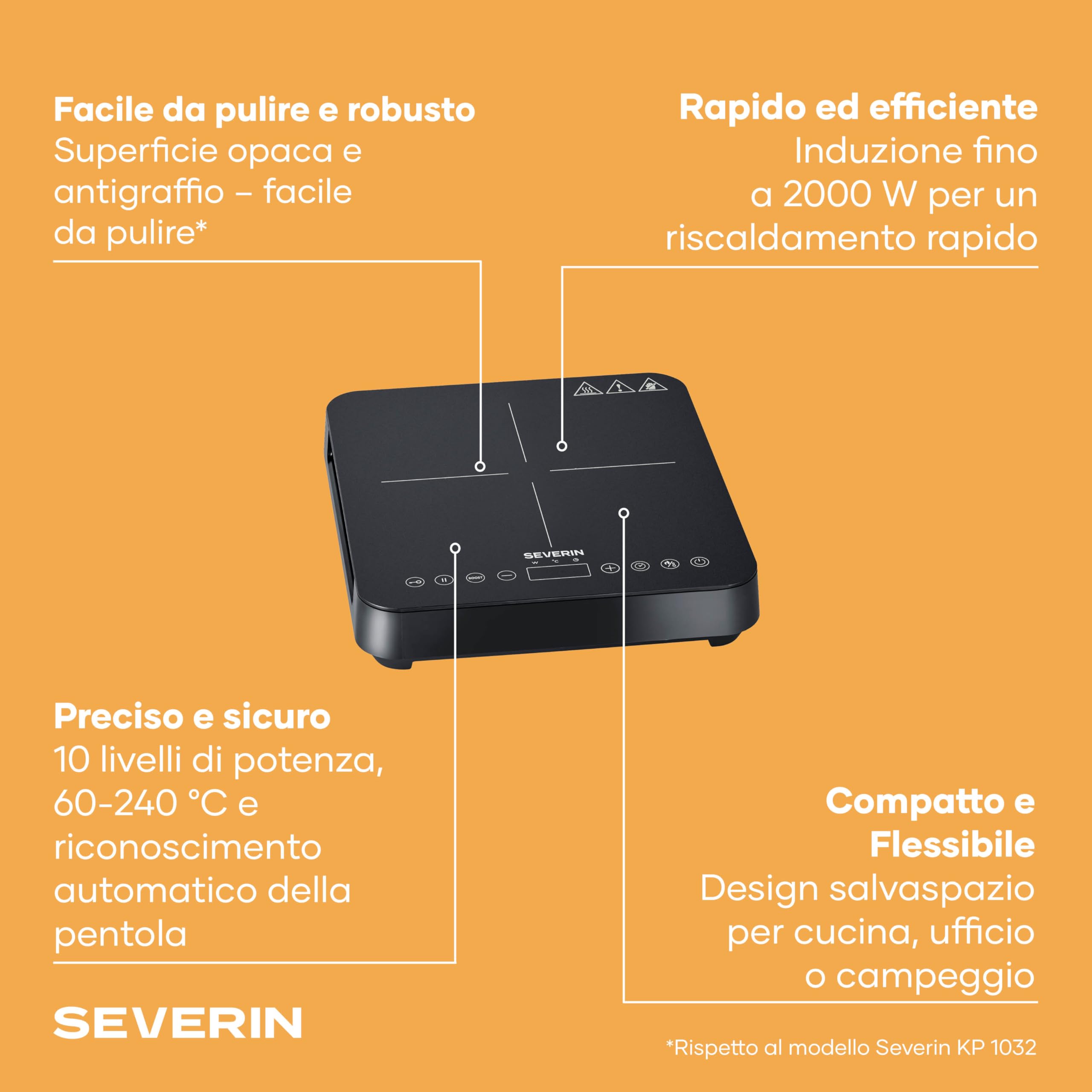 SEVERIN Piastra a Induzione Singola, Piano in Vetroceramica Antigraffio Finitura Opaca, 10 Livelli di Potenza, Touch Screen, Diametro 22 cm, Riconoscimento Pentola, 2000 W, Nero - KP 1026