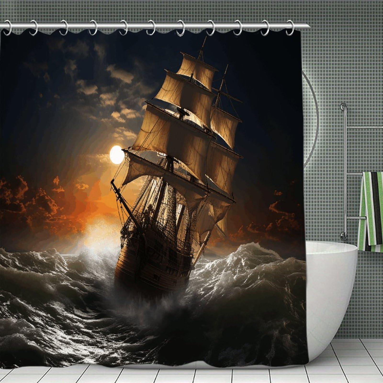 VstaDank Sailing Ship in Storm Bath Curtain Elegant Heavy Duty Shower Curtains 70x70 in Rustic Farmhouse Cloth Shower Curtains Neutral Modern Bath Curtain for Bathroom
