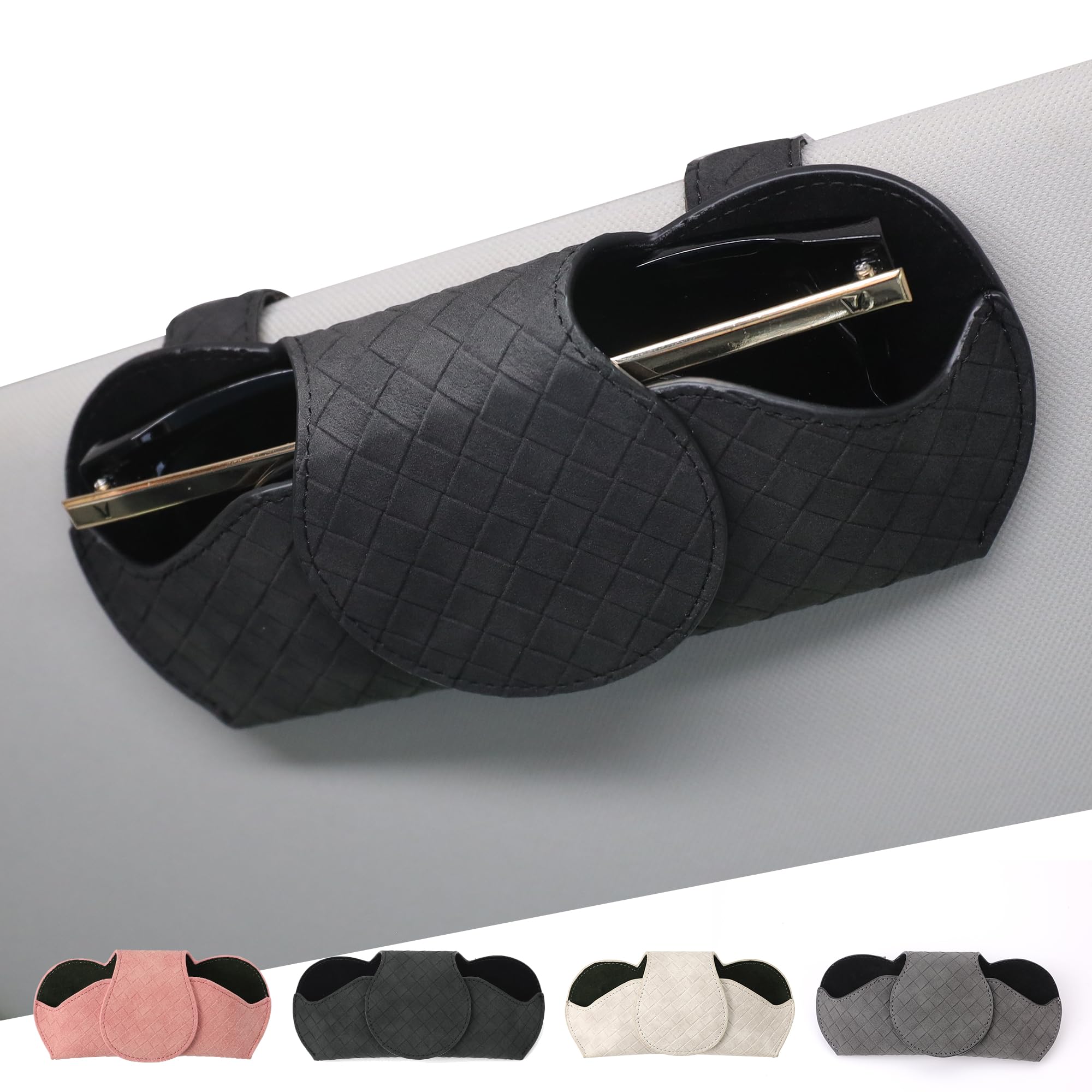 KINIVA Sunglasses Holder for Car Visor PU Leather Glasses Case with Clips for Car Visor Automotive Interior Visor Accessories Apply to All Car Models (Black)