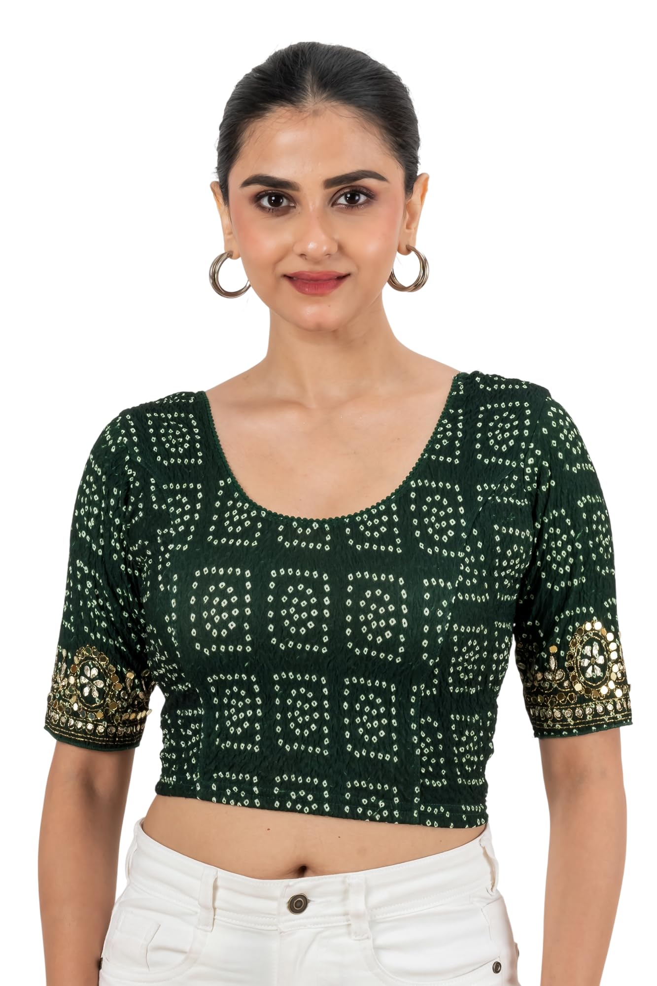 Blouses for Women Readymade Stylish | Stretchable Lycra Bandhani Mirror Work Saree Blouse for Women Ethnic Blouse-image-37