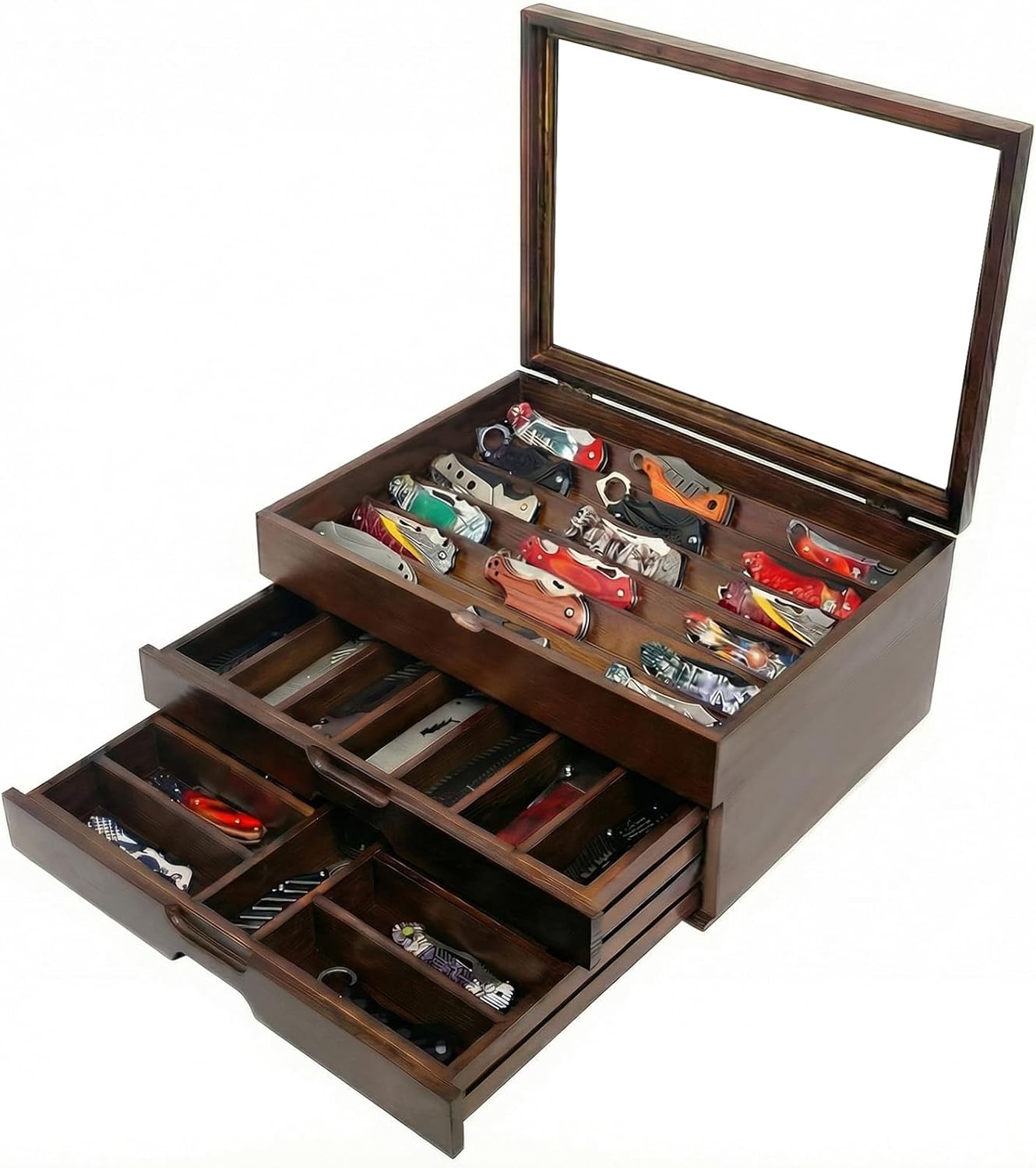 AUTOARK Knife Display Case Holds 43+ Knives,Large 3-Tier Wooden Organizer with Glass Top and Drawer,Gift for Men,Black,AHK-074