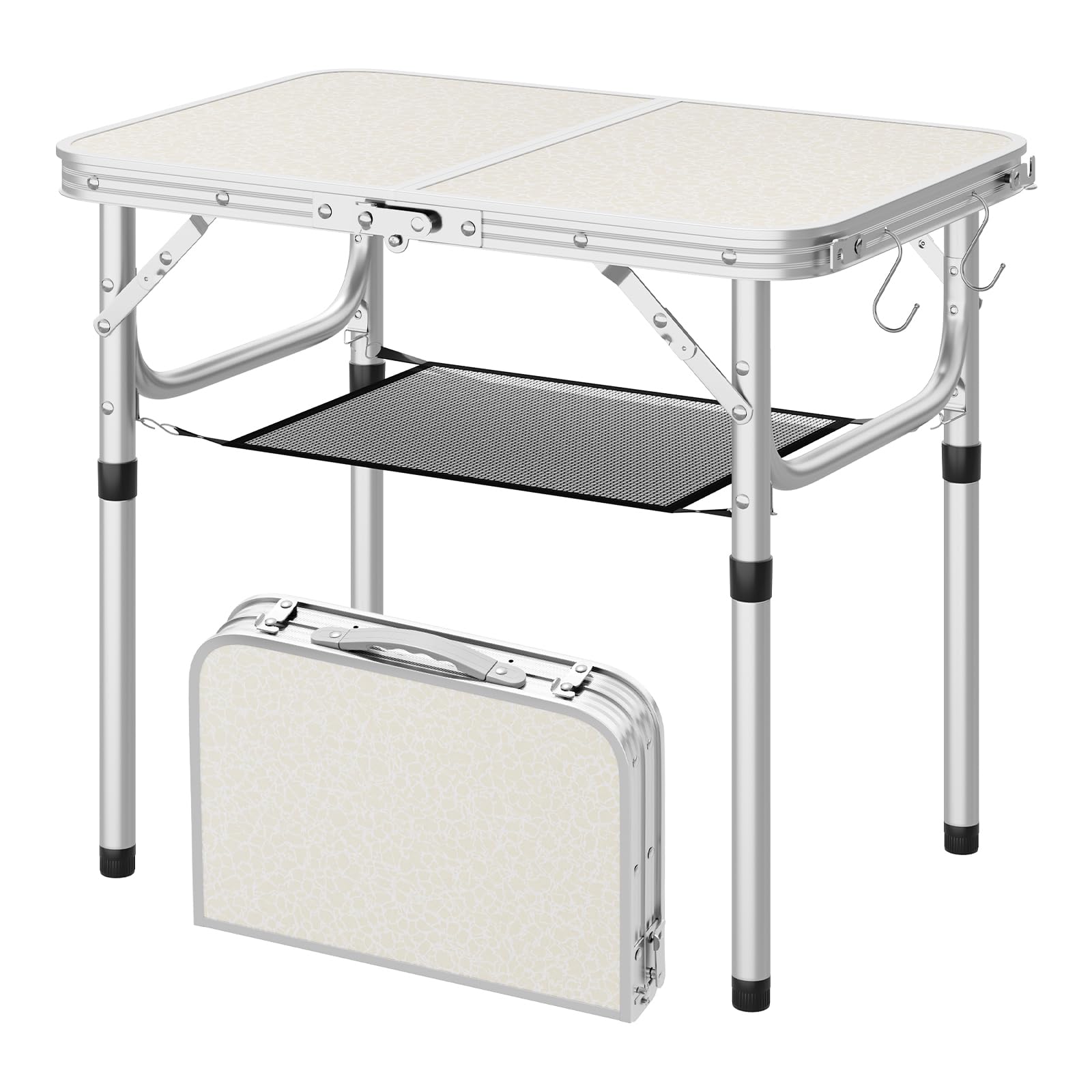 WOLTU Klapptisch Höhenverstellbar 25/36/50/60 cm, 60x40cm Tischplatte, mit Aufbewahrungsnetz und Haken, aus MDF und Alu, Campingtisch für Picknick Grill Garten