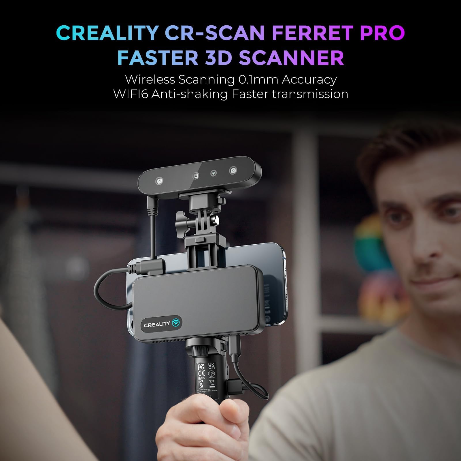 Creality CR-Scan Ferret Pro 3D Scanner, tragbarer 3D Scanner für 3D Drucker, 3D Druck modellierung, 0,1 mm Genauigkeit, 24 Bit Vollfarbscan, Anti-Shake, Wifi 6, für Android IOS Phone PC Mac Win