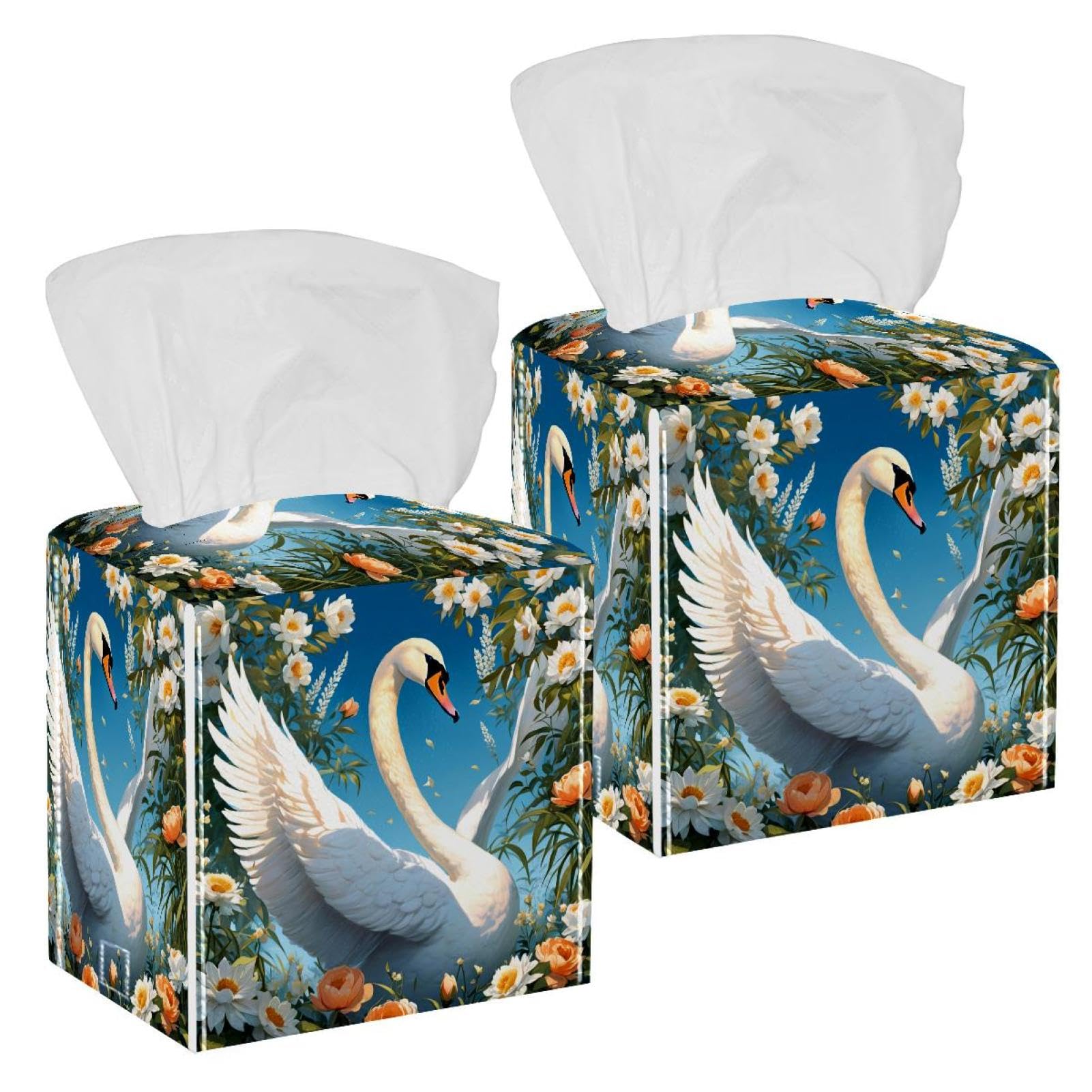 Cute Swan and Flower Tissue Box Cover, 2 Pack PU Leather Square Facial Tissue Dispenser Box holder for Home Office Car
