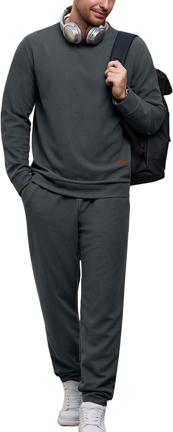 Vssjavun Mens Sweatsuit 2 Piece Sets Waffle Long Sleeve Pullover Tracksuit Outfits Casual Jogger Suits Sets