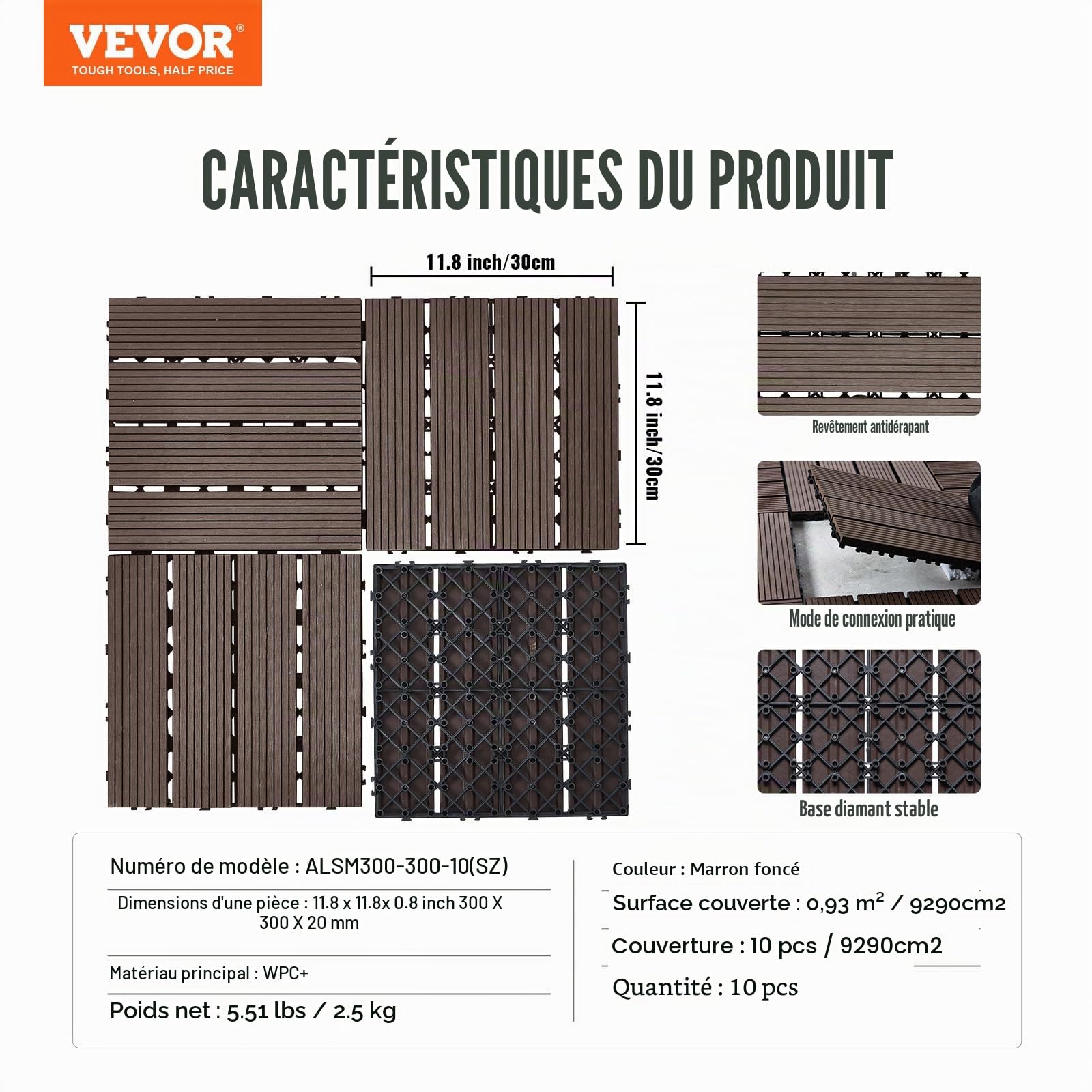 VEVOR Dalles de Terrasse Emboîtables, Lot de 10, Revêtement de Sol Plastique Bois WPC Imperméable, 300x300 mm, 9290 c㎡, Utilisation par Tous les Temps, pour Porche, Piscine, Balcon, Arrière-cour