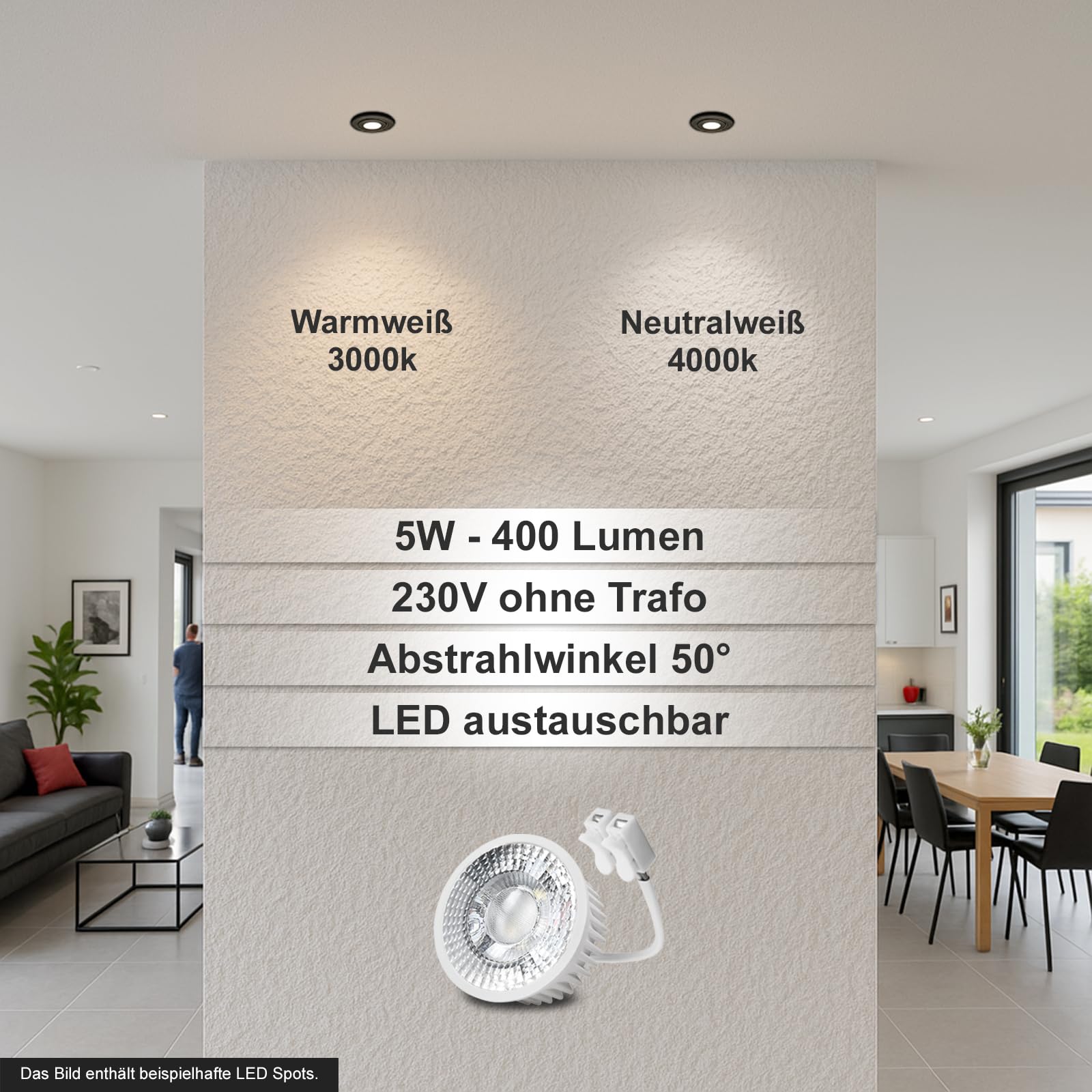 trendlights24 Noble LED Einbaustrahler flach Alu Schwarz 230V 5er Set 5W | extra flach, Einbautiefe 35 mm, LED Spots, Warmweiß, 3000k, 50° Abstrahlwinkel, Decken Einbauleuchte, eckig, schwenkbar