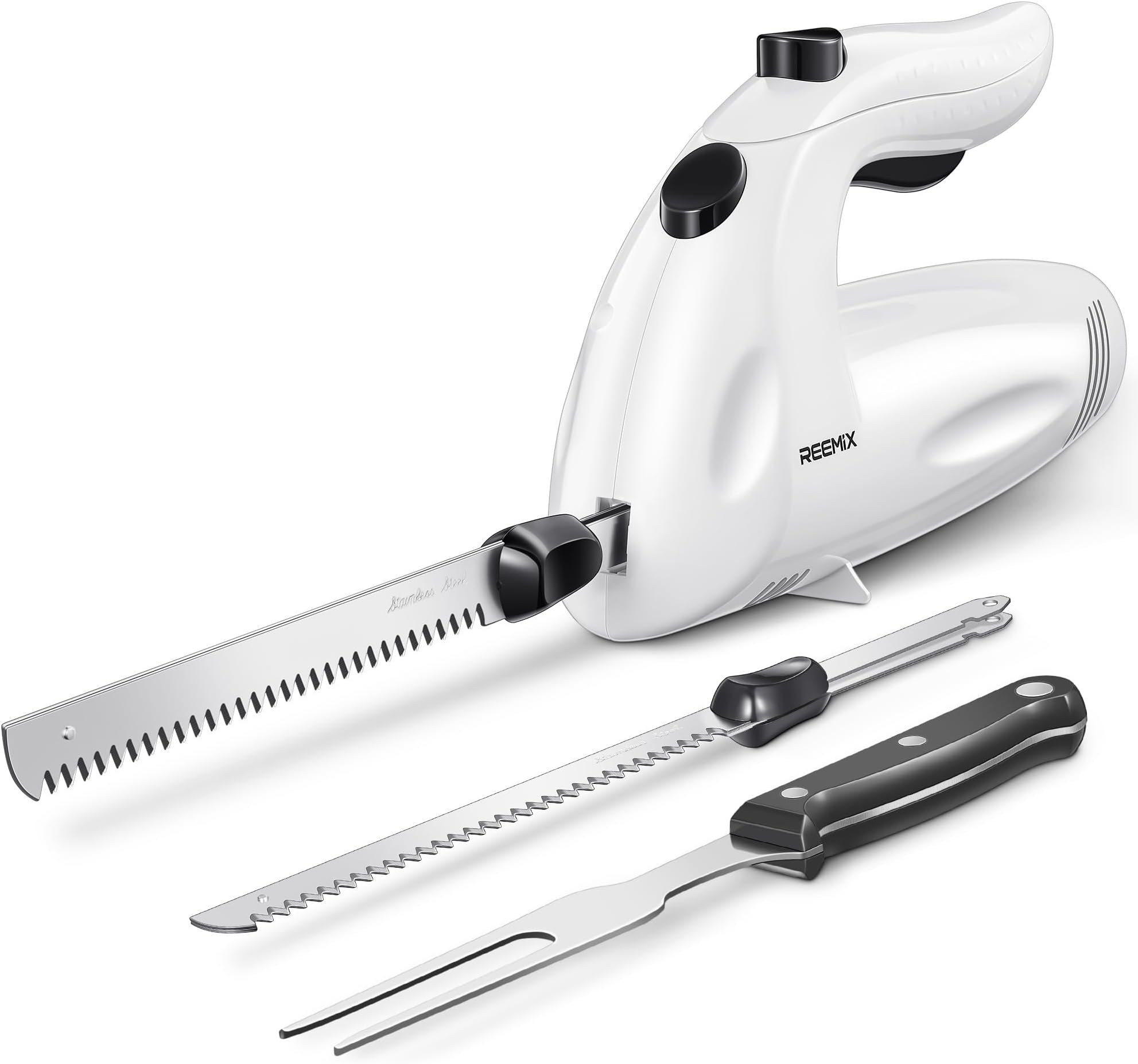 Reemix Electric Knife Set, 150W Powerful Electric Knife for Multi-Purpose Use, One Touch Operation, for Meats, Poultry, Bread - 2 Carving Blades and 1 Serving Fork Included