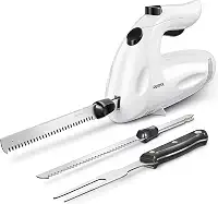 Reemix Faca de entalhe elétrica, conjunto de facas elétricas potentes de 150 W para uso multiuso, operação com um toque, para esculpir carnes, aves, pão, 2 lâminas de entalhe e 1 garfo de servir